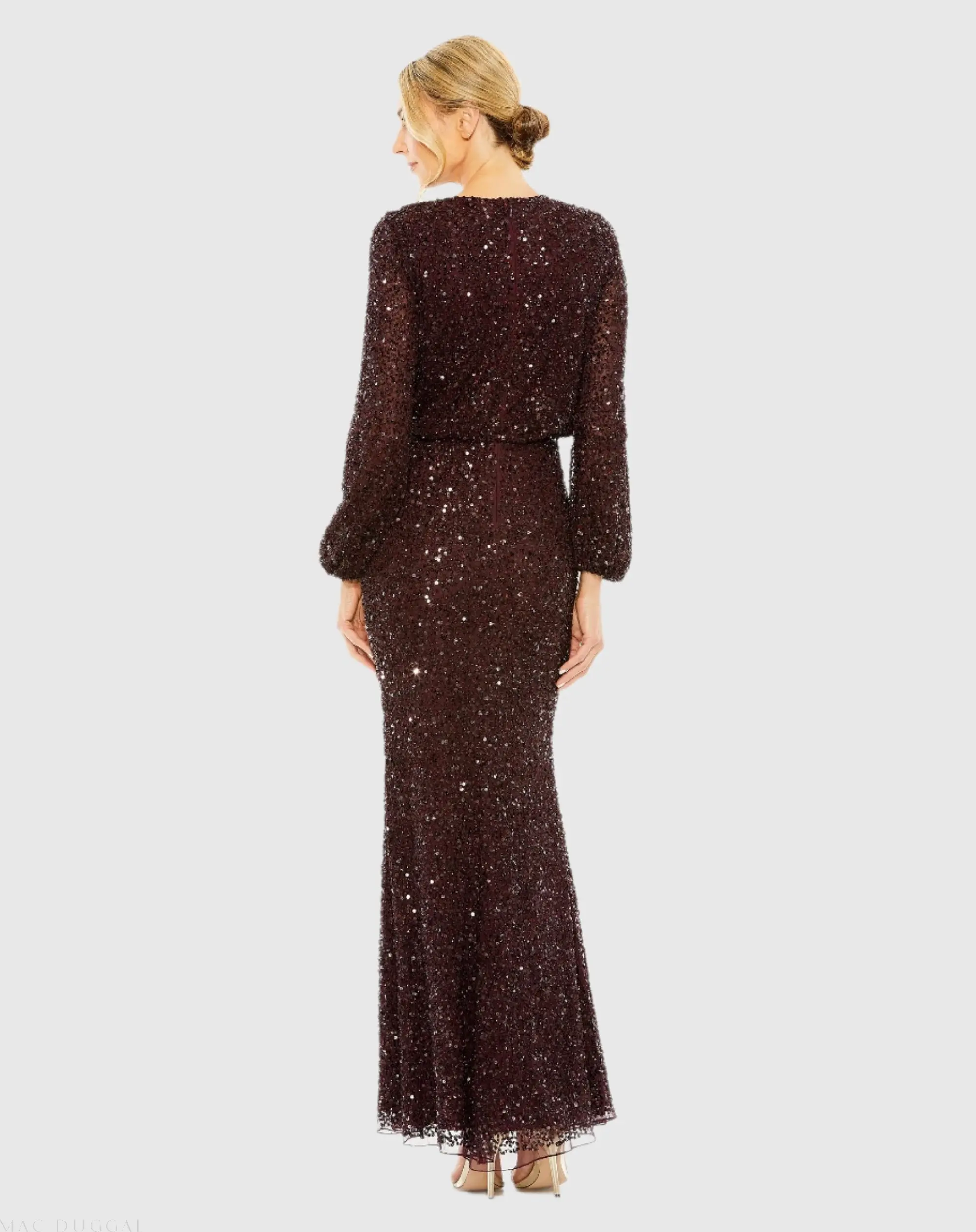 Red High Neck Long Sleeve Beaded Blouson Gown - Image 3
