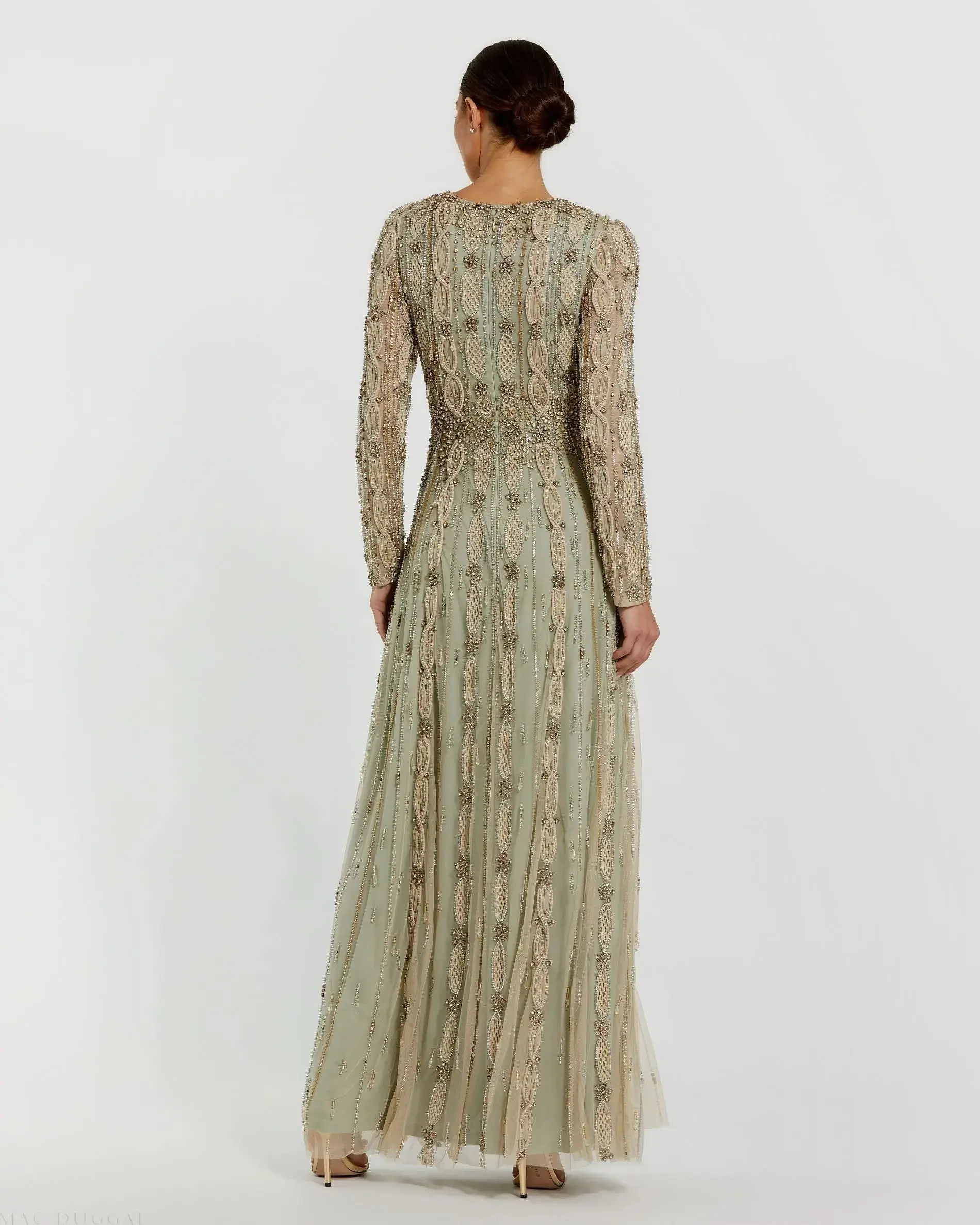 Green Embellished Long Sleeve A-Line Gown - Image 6