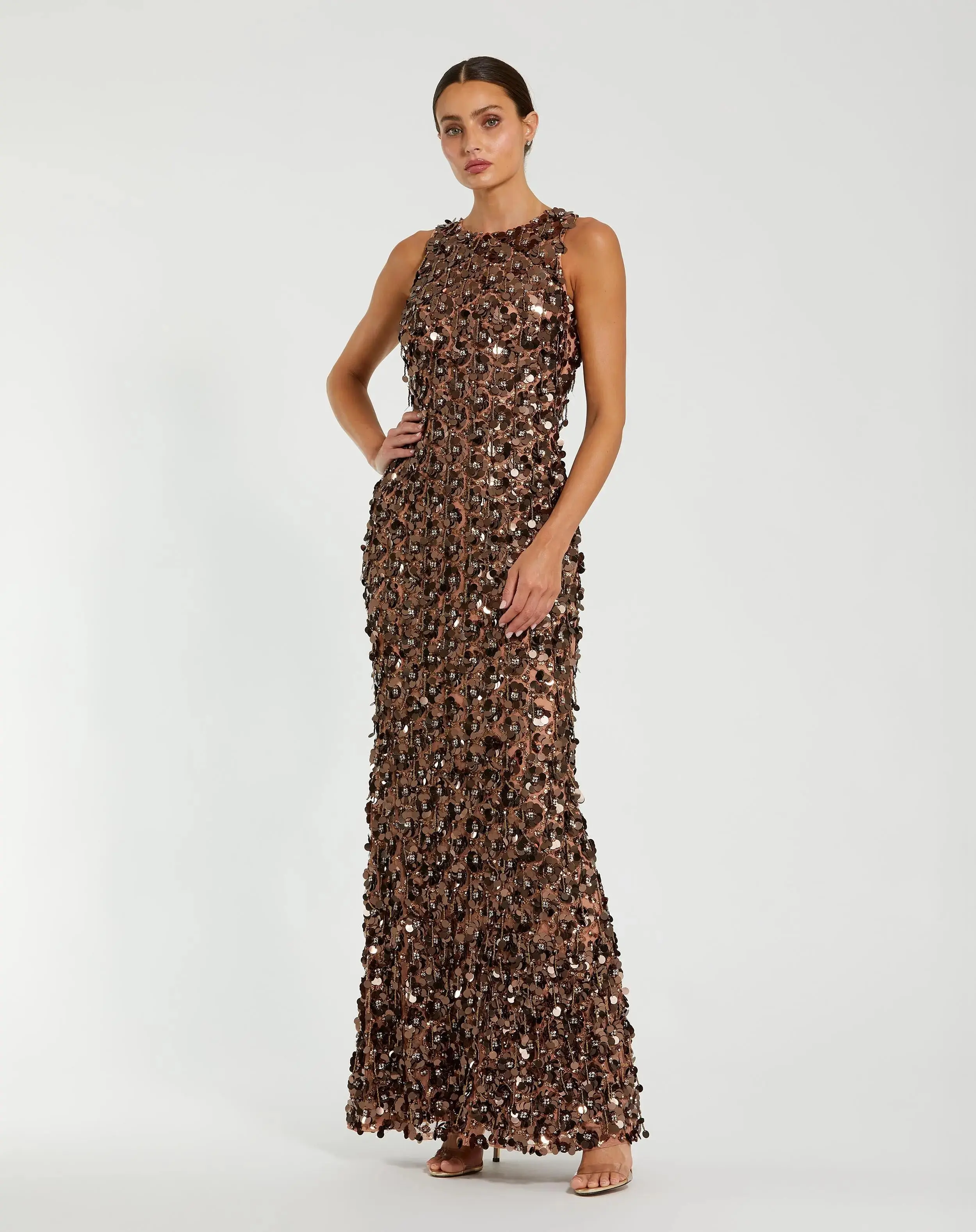 Brown Sequin Embellished Sleeveless Gown With Beaded Fringe - Image 4