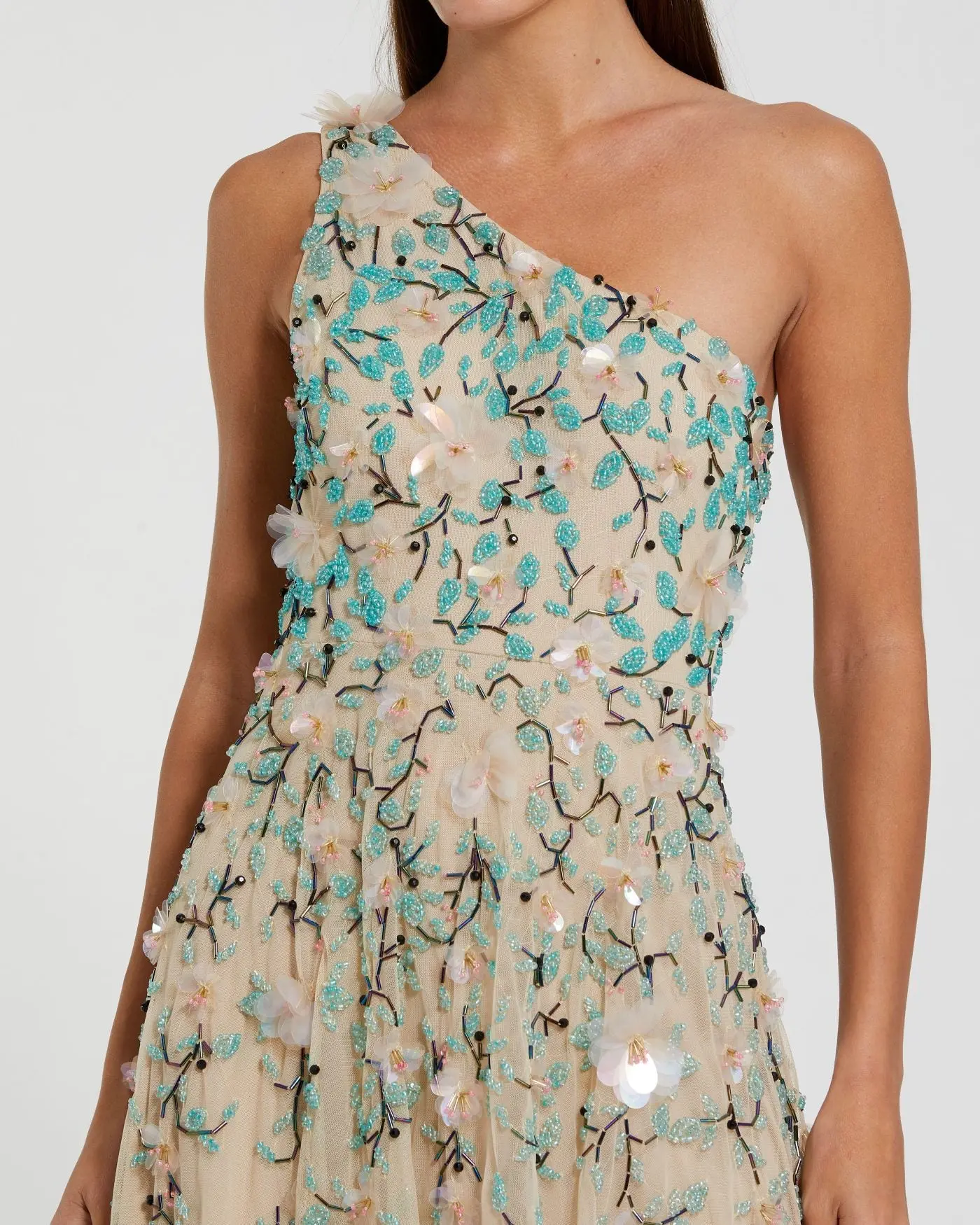 Beige Floral Embellished One Shoulder Midi Dress - Image 2