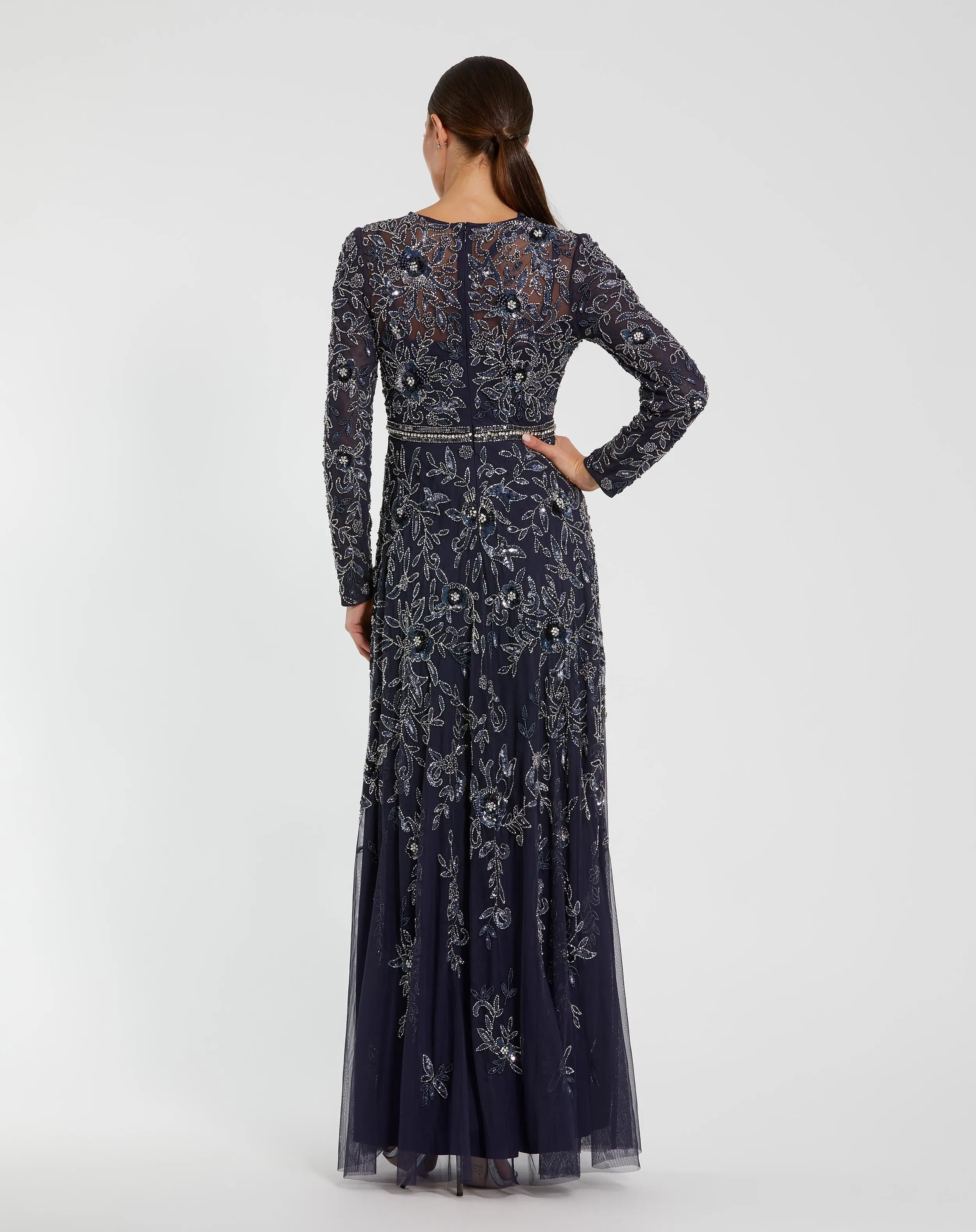 Navy Long Sleeve Floral Embellished A-line Gown - Image 3