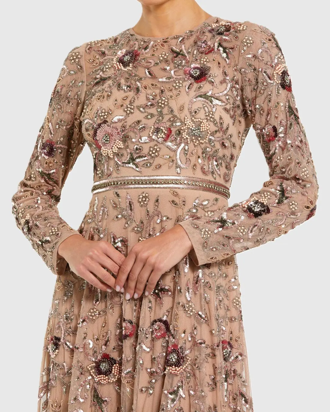 Beige Long Sleeve Floral Embellished A-line Gown - Image 2