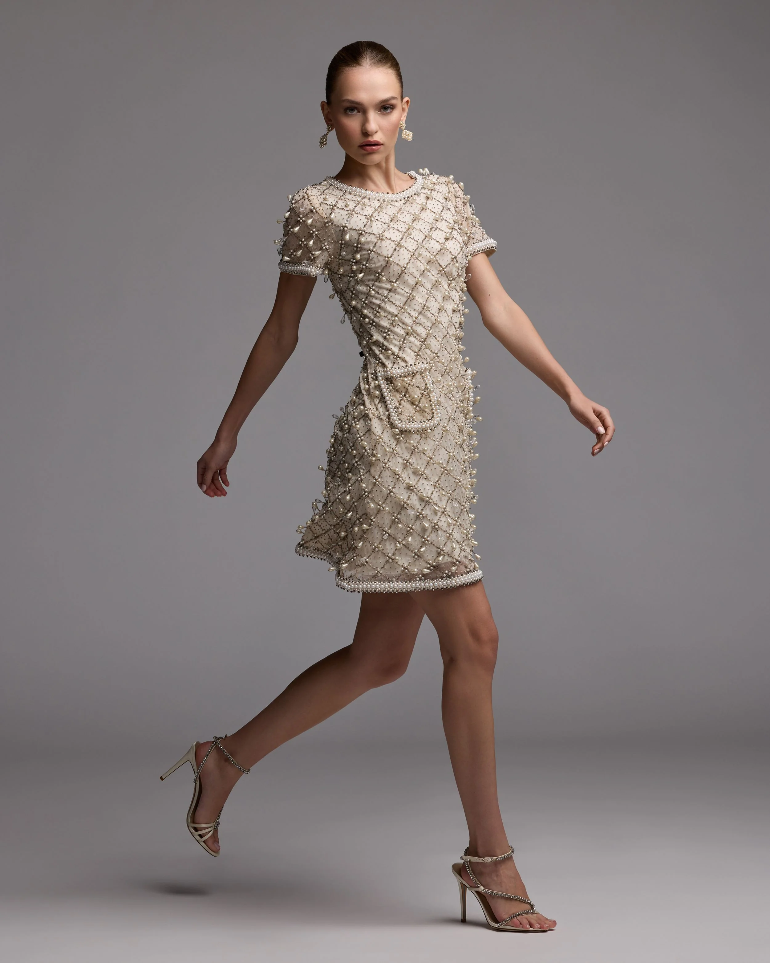Ivory Pearl Embellished Short Sleeve Mini Dress - Image 8