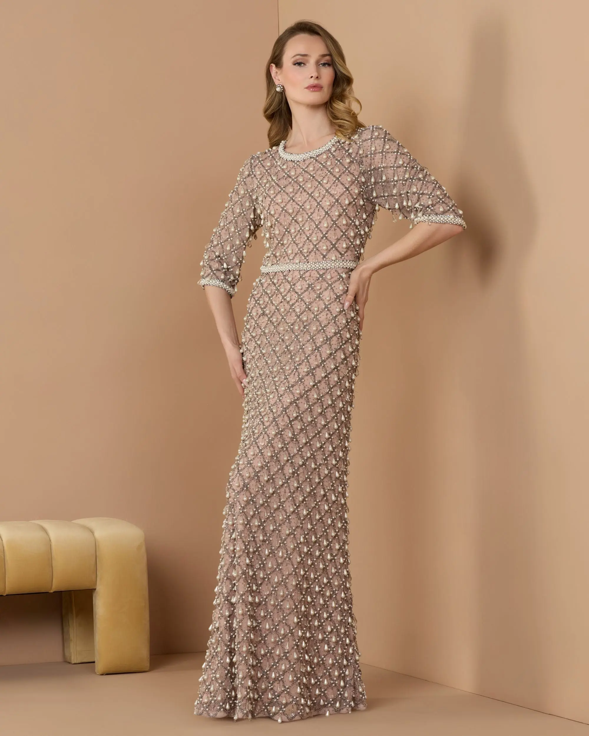 Pink Pearl Embellished 3/4 Sleeve Gown - Image 2