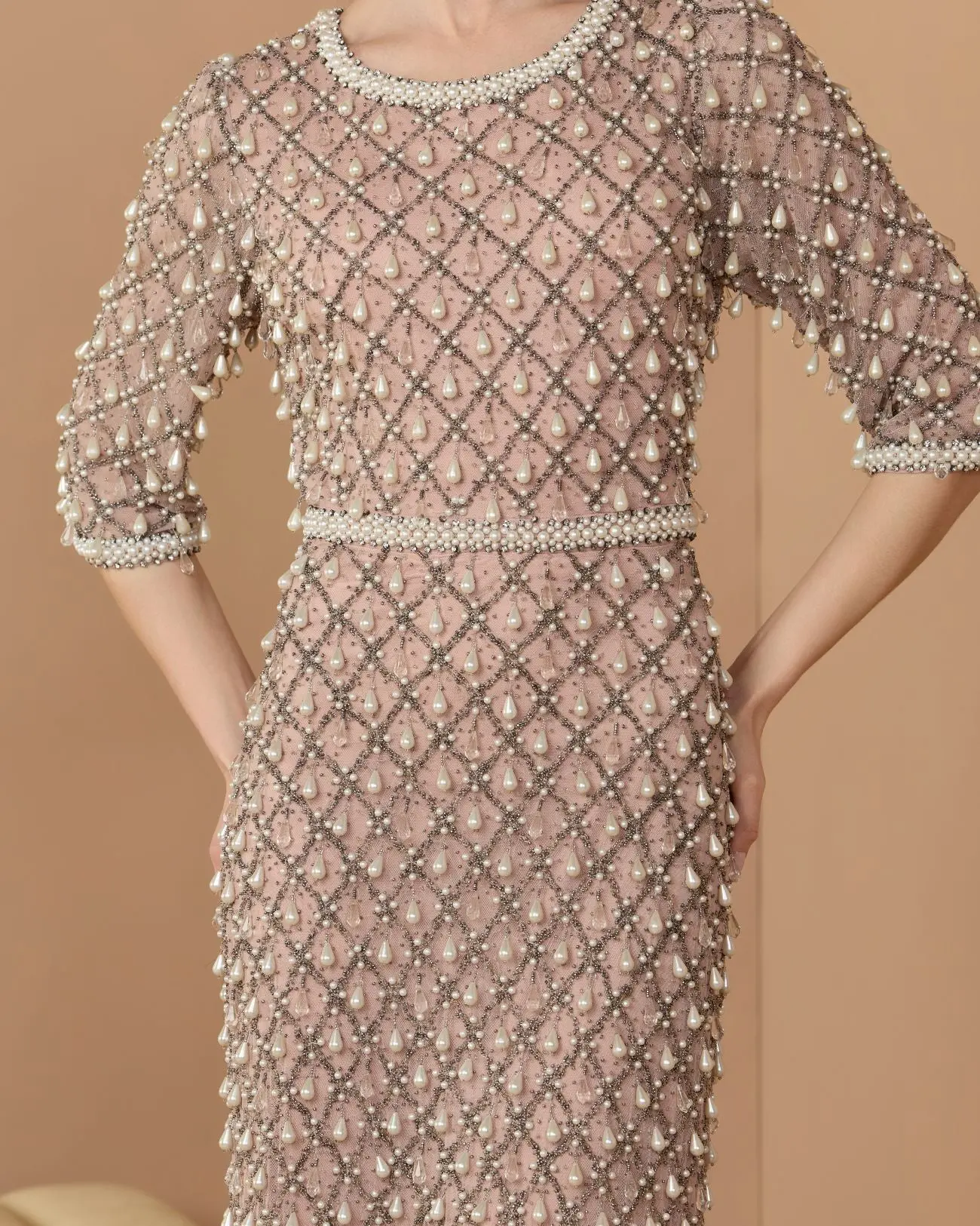 Pink Pearl Embellished 3/4 Sleeve Gown - Image 3