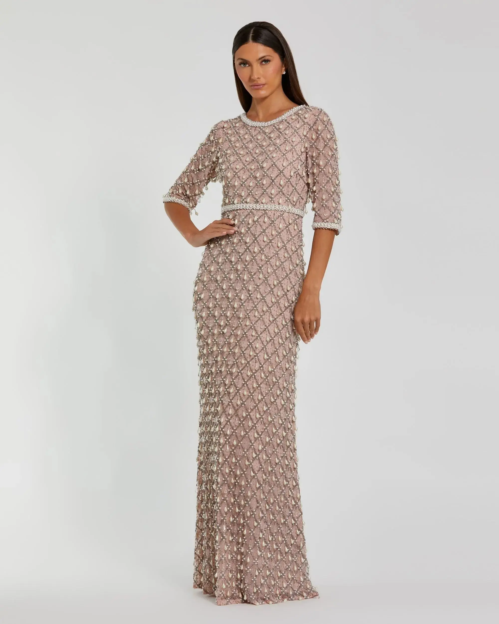 Pink Pearl Embellished 3/4 Sleeve Gown - Image 4