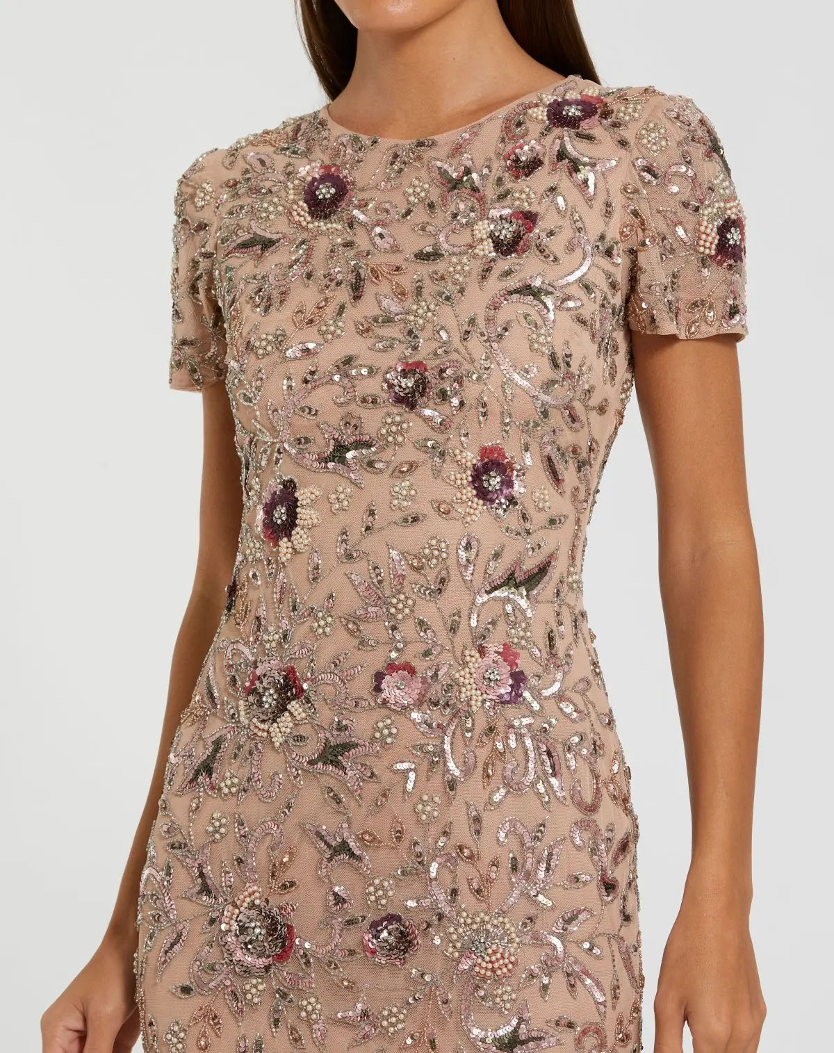Beige Floral Embellished Short Sleeve Midi Dress - Image 2