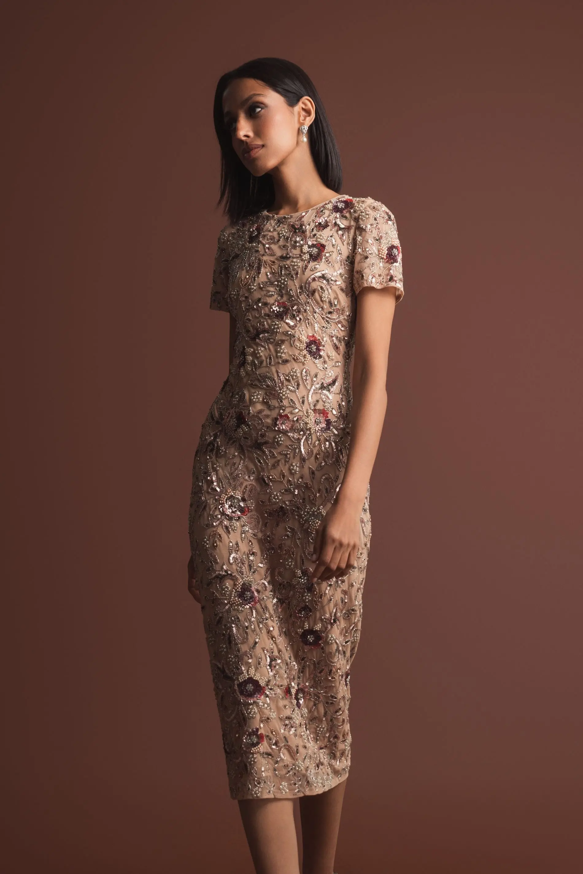 Beige Floral Embellished Short Sleeve Midi Dress - Image 6