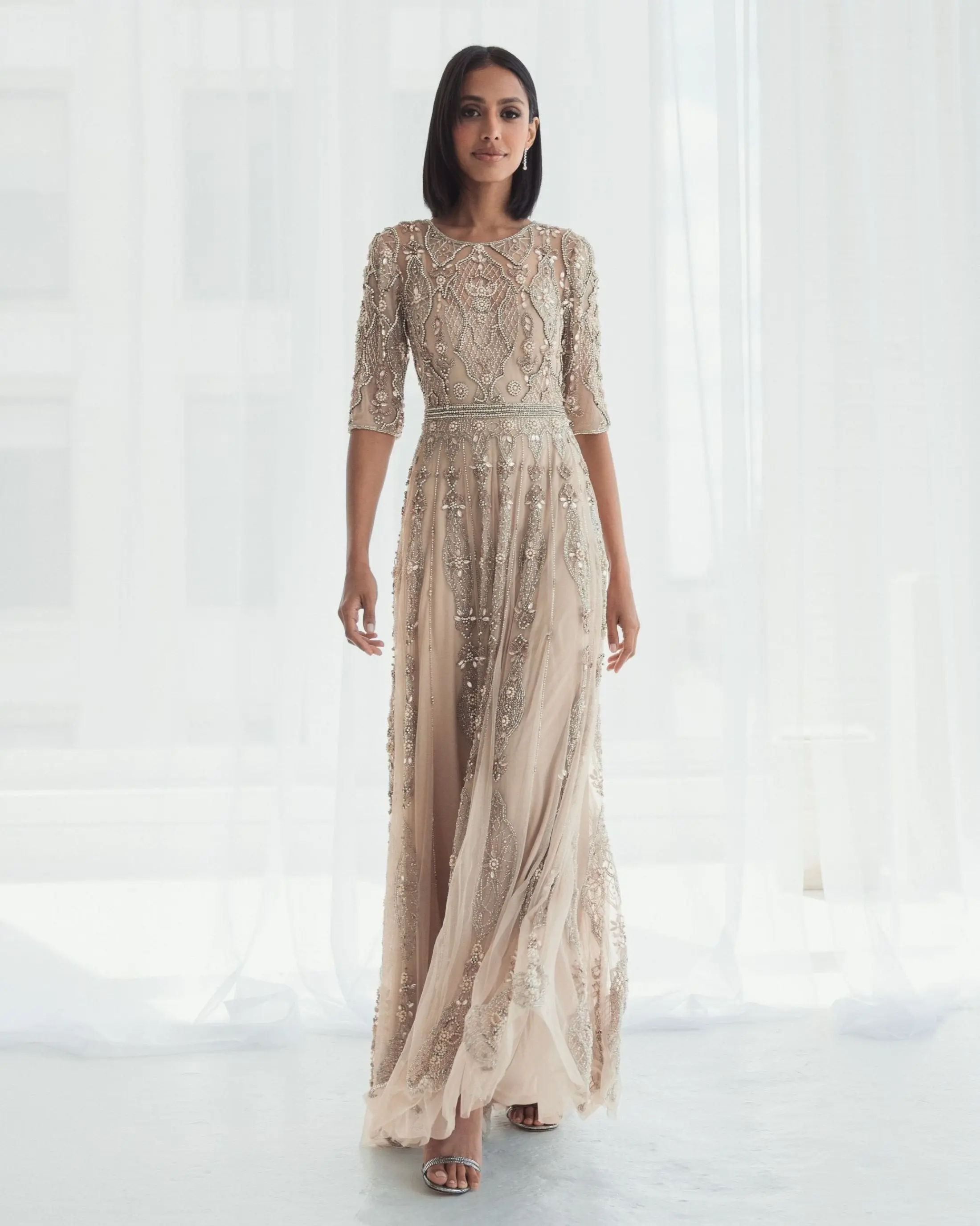 Beige 3/4 Sleeve Embellished A-line Gown - Image 7