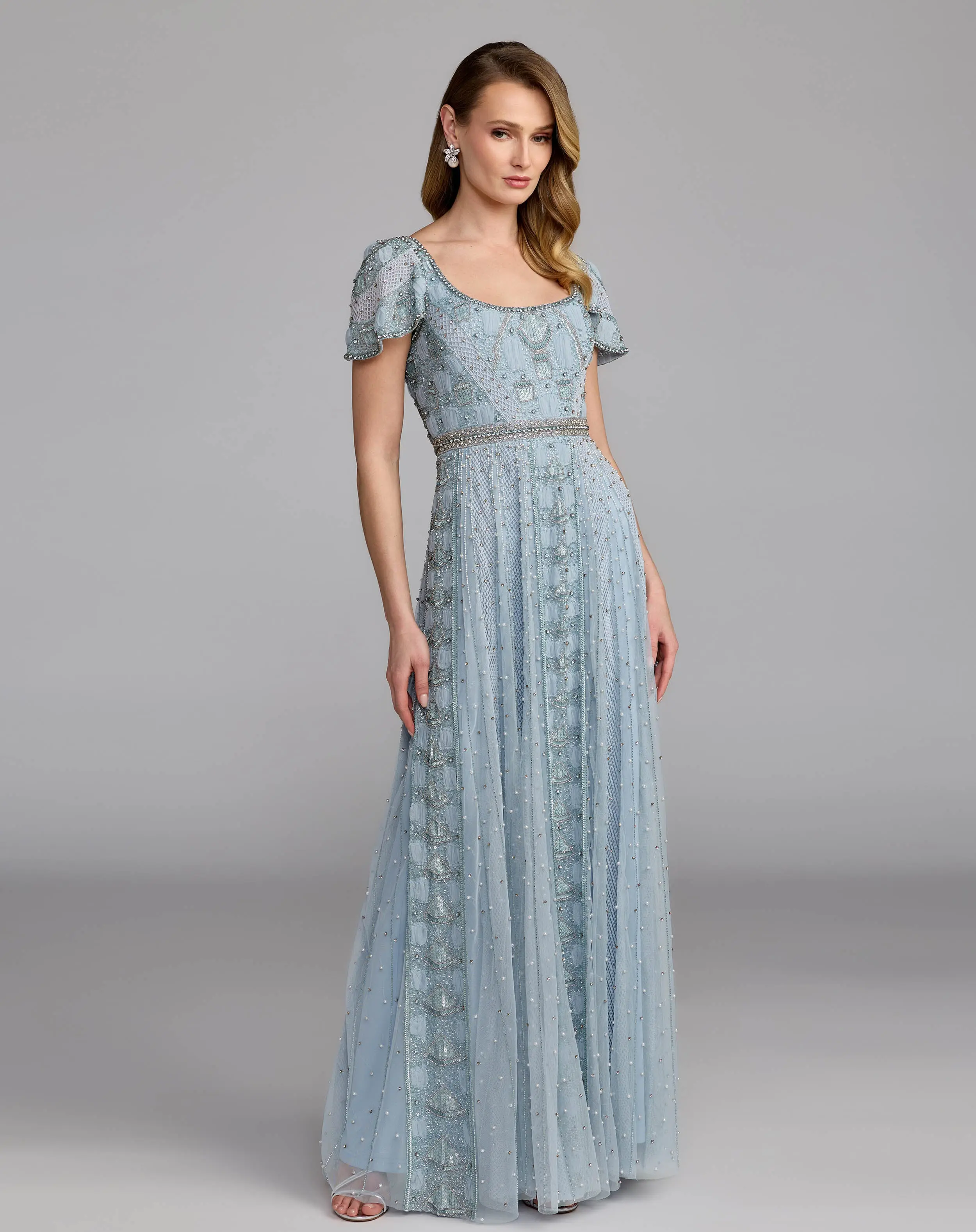 Blue Short Sleeve Scoop Neck Embellished Gown - Image 4