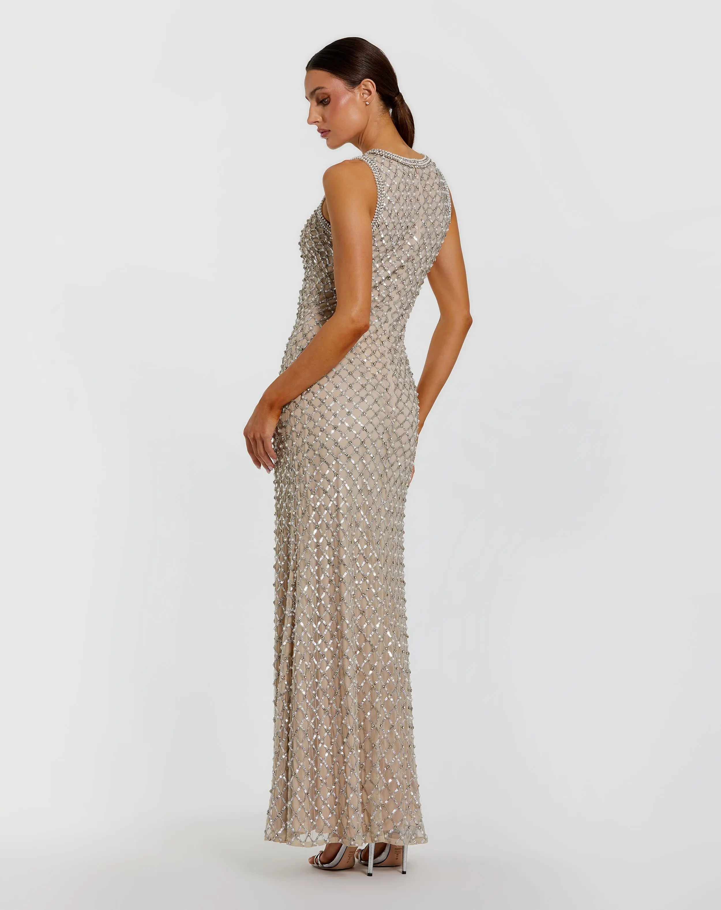 Beige Embellished High Neck Column Gown - Image 3