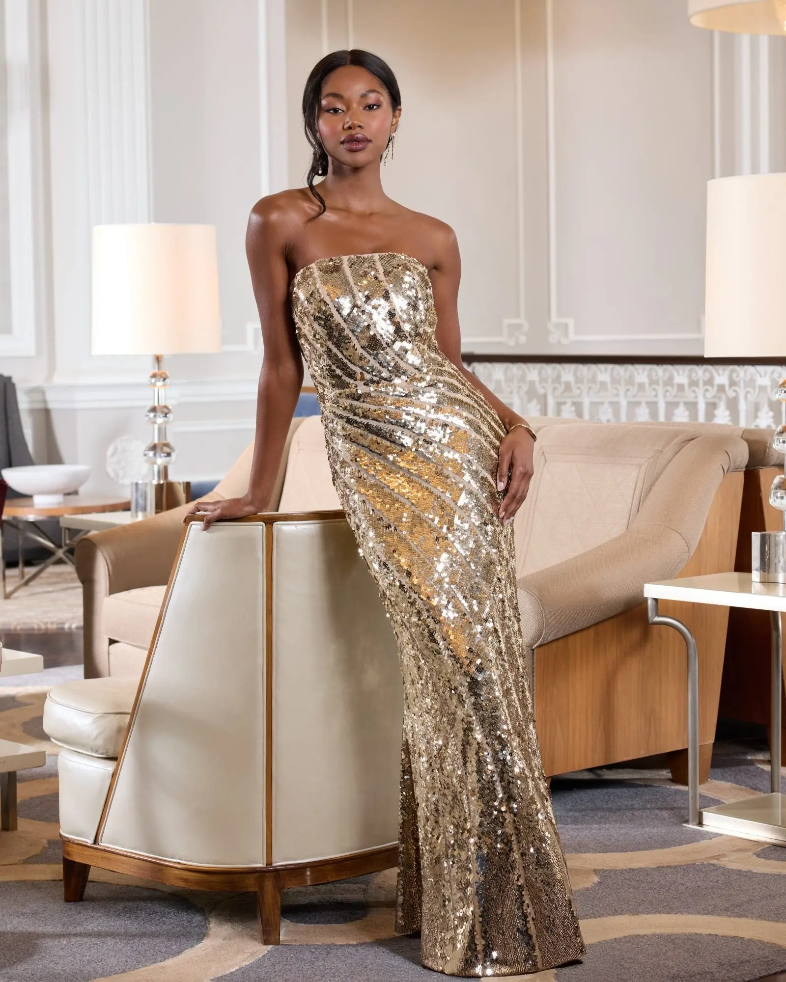 Gold Strapless Sequin Trumpet Gown - Image 6