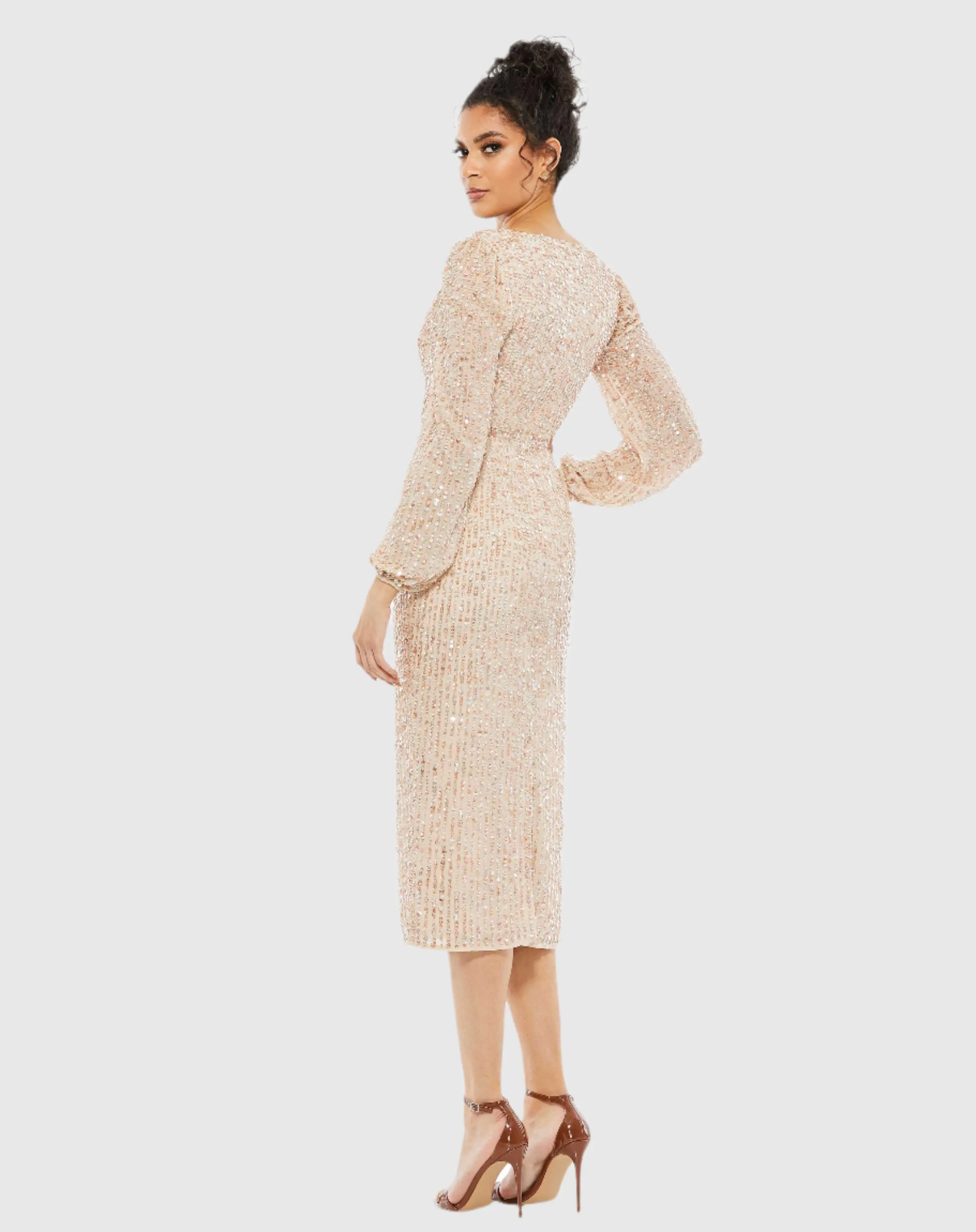 Beige Sequined Illusion Puff Sleeve V Neck Midi Dress - Image 3