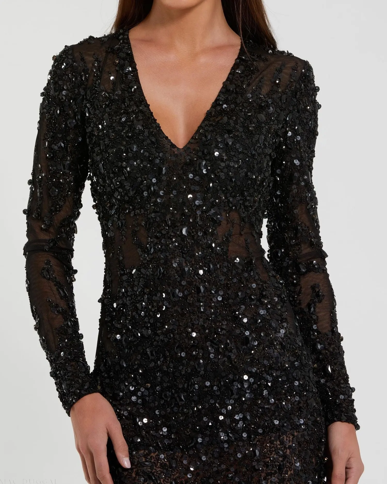 Black Long Sleeve Sheer Embellished Mini Dress - Image 2