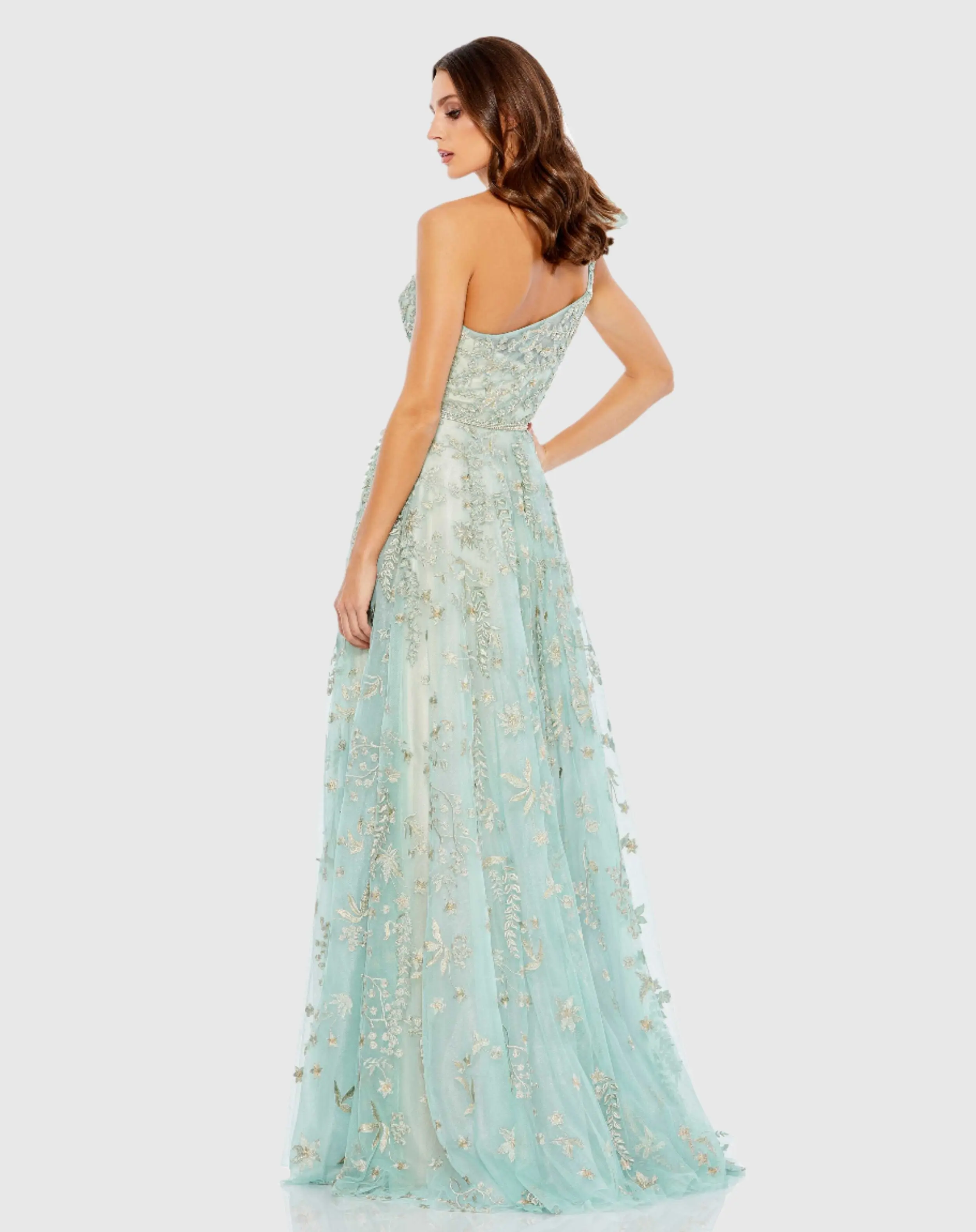 Green Embellished Bow One Shoulder A Line Gown - Image 3