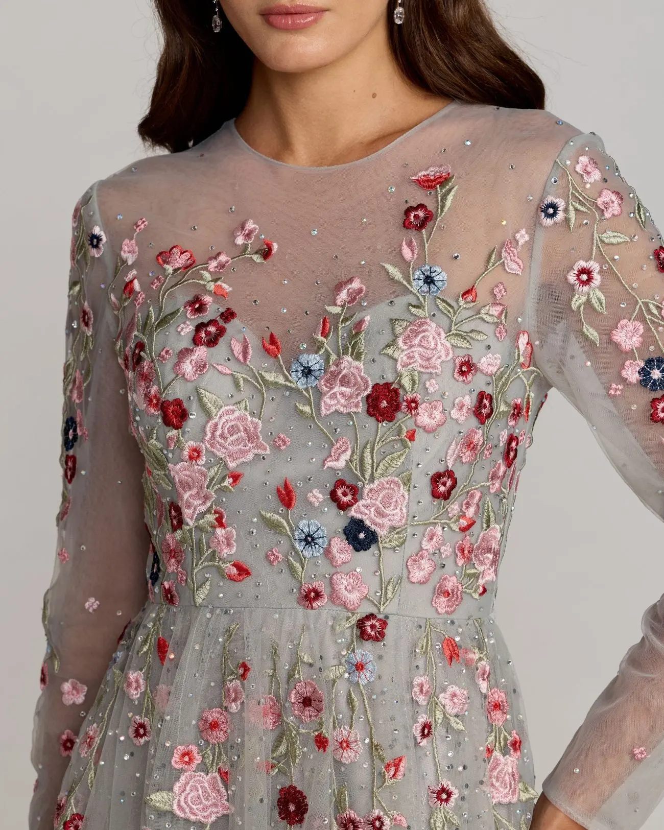 Gray Embroidered Illusion High Neck Long Sleeve A Line Gown - Image 2