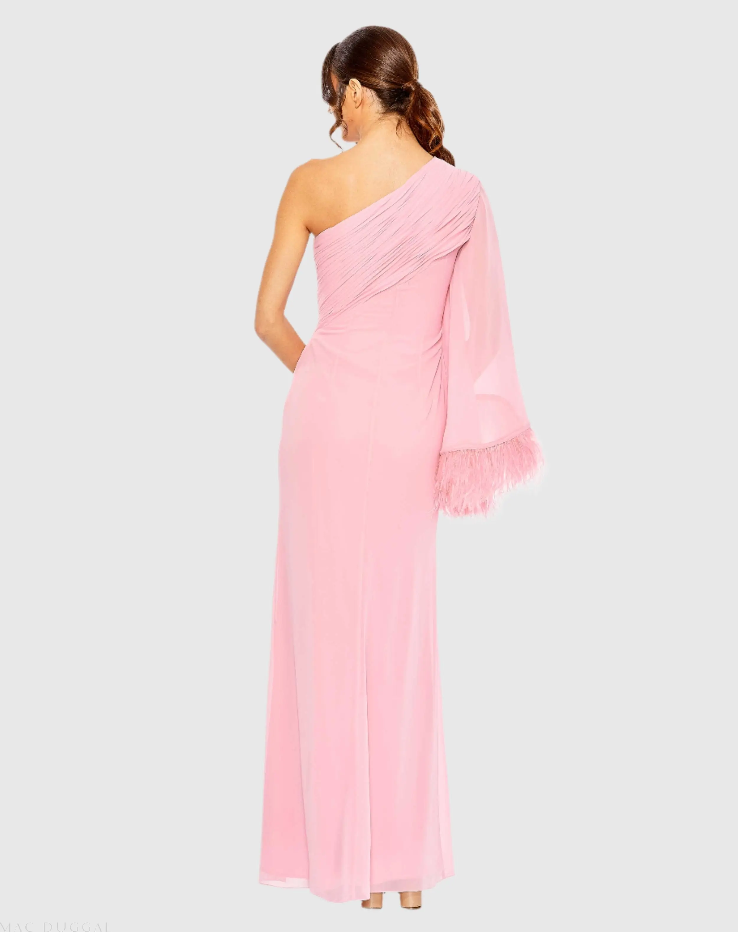 Pink Feather Cuff One Shoulder Ruched Gown - Image 3