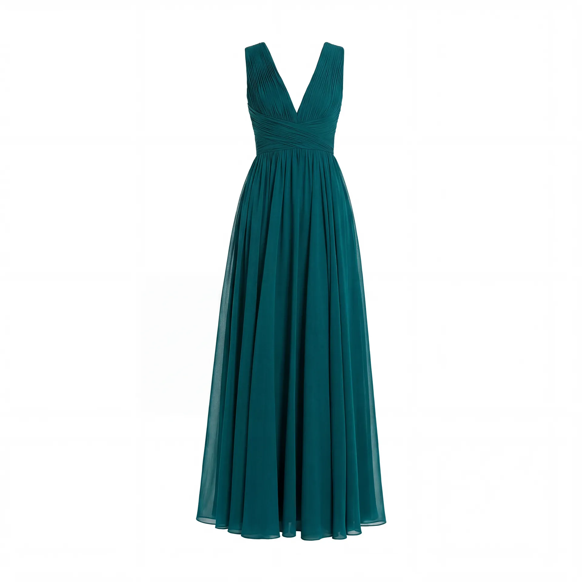 Teal Sleeveless Ruched V Neck Chiffon Gown - Image 4