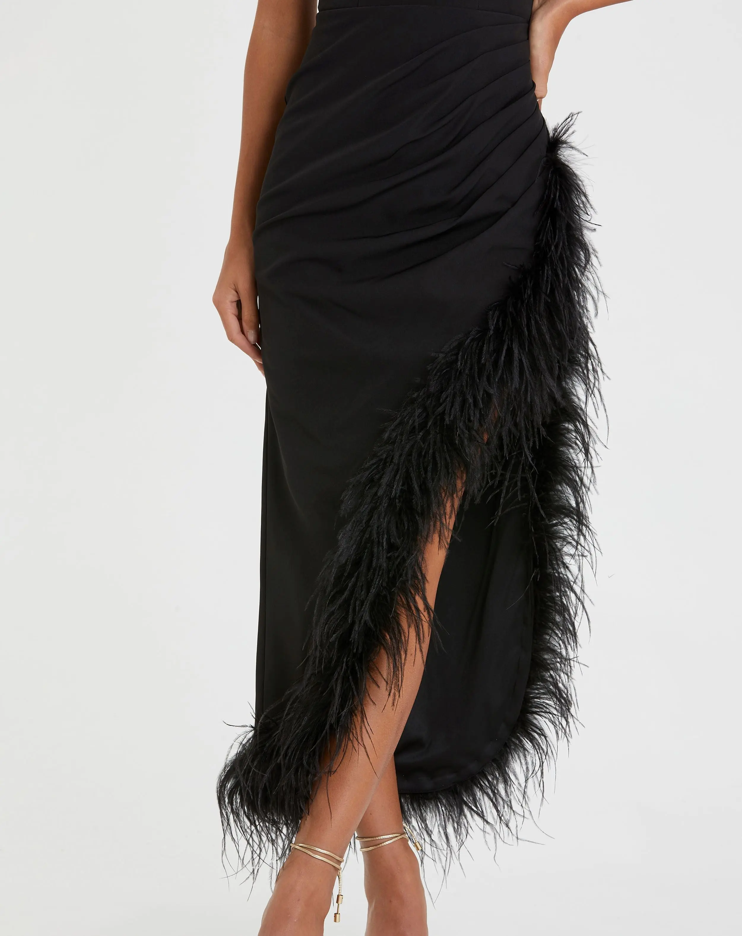 Black Ruched High-Low Sheath Dress with Feather Trim - Image 2