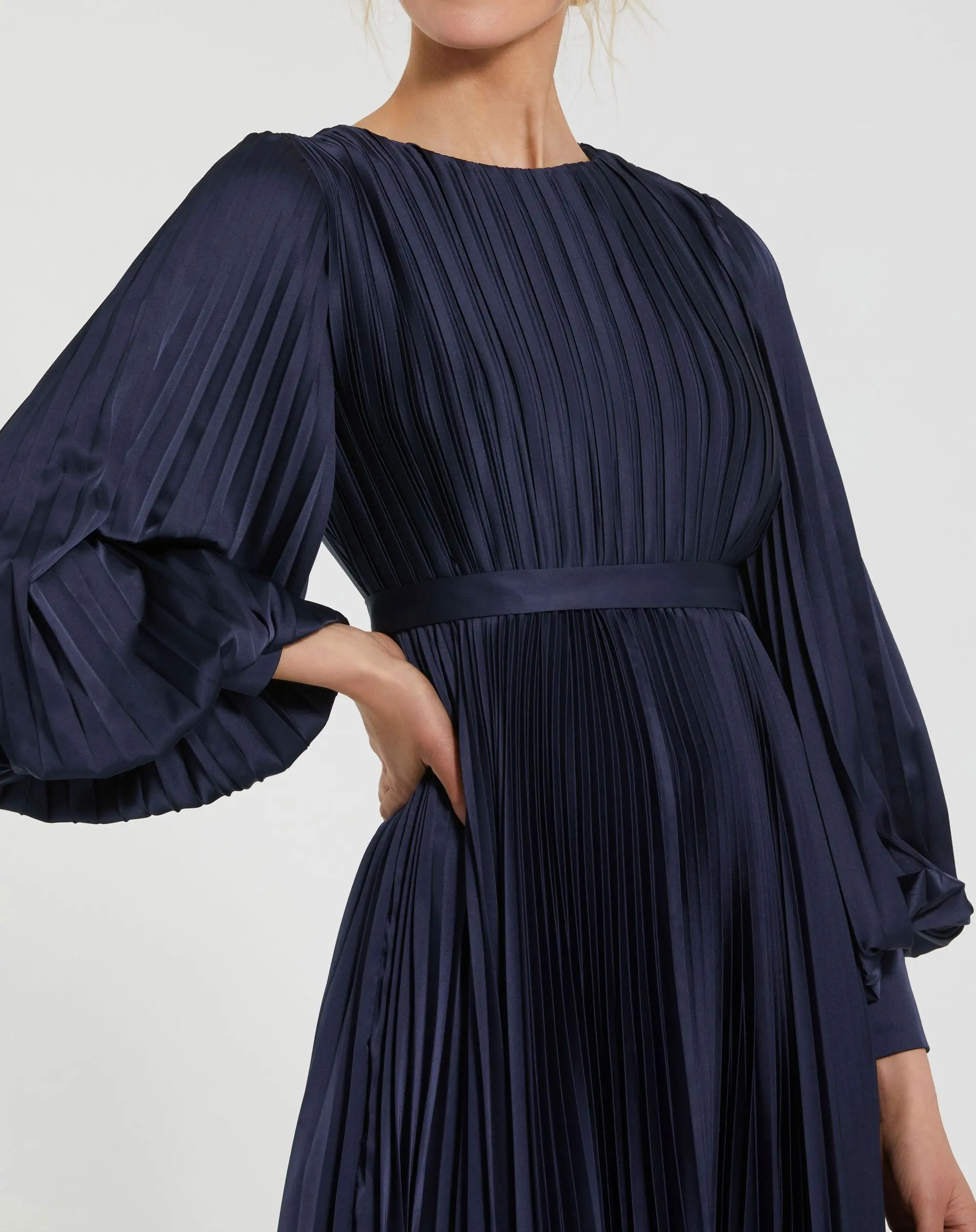 Navy Long Sleeve Pleated Charmeuse Handkerchief Dress - Image 2