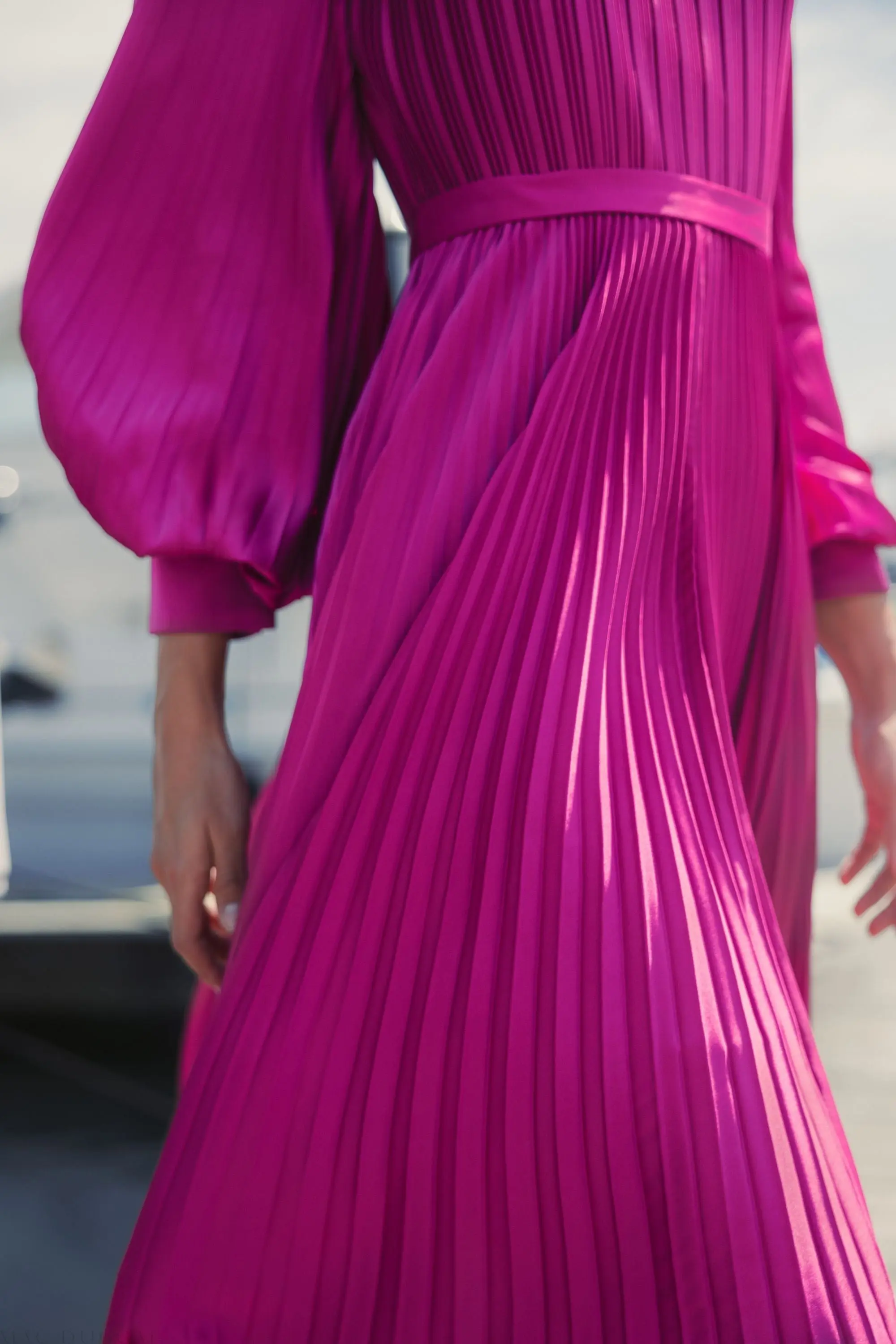 Purple Long Sleeve Pleated Charmeuse Handkerchief Dress - Image 5
