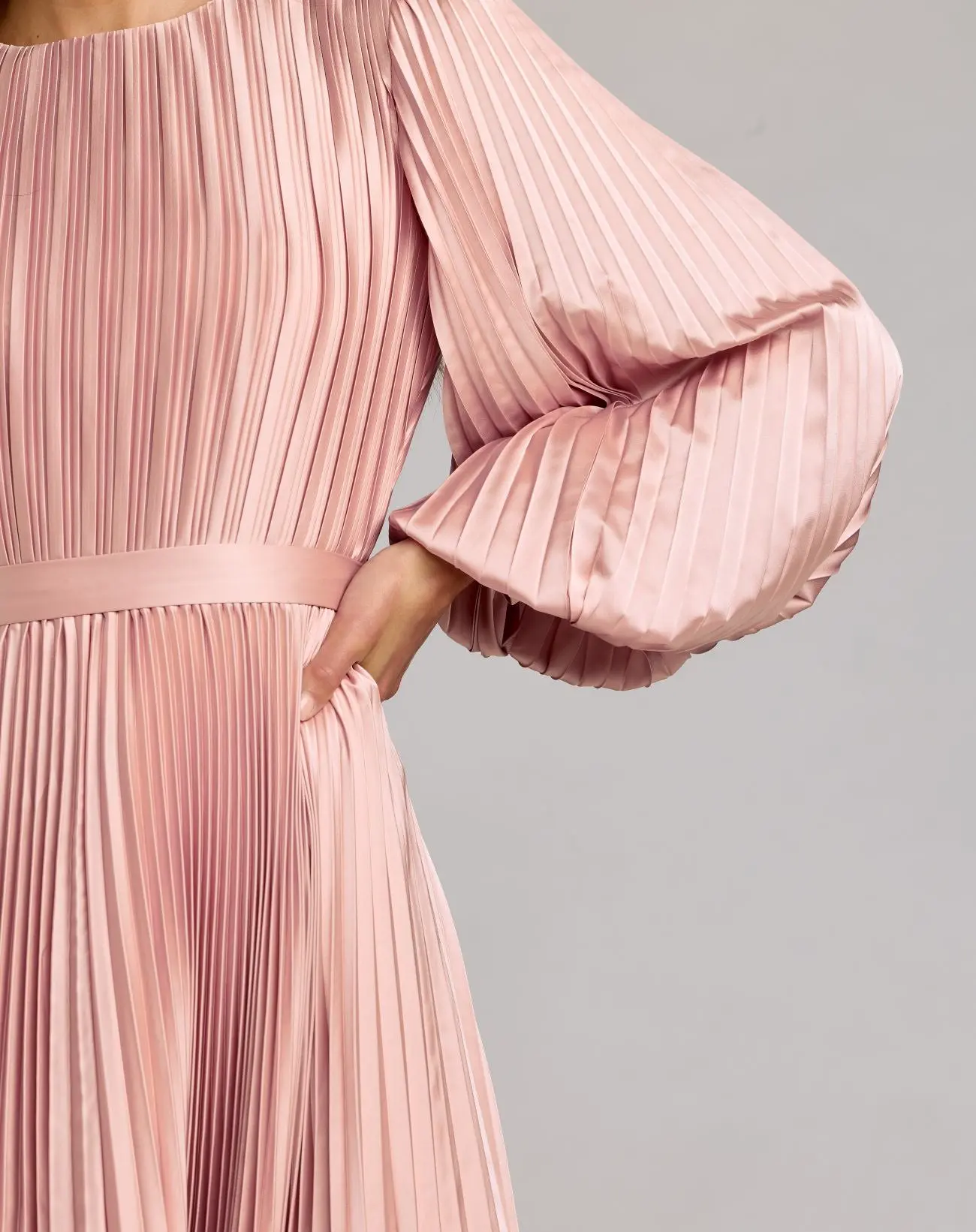 Pink Long Sleeve Pleated Charmeuse Handkerchief Dress - Image 3