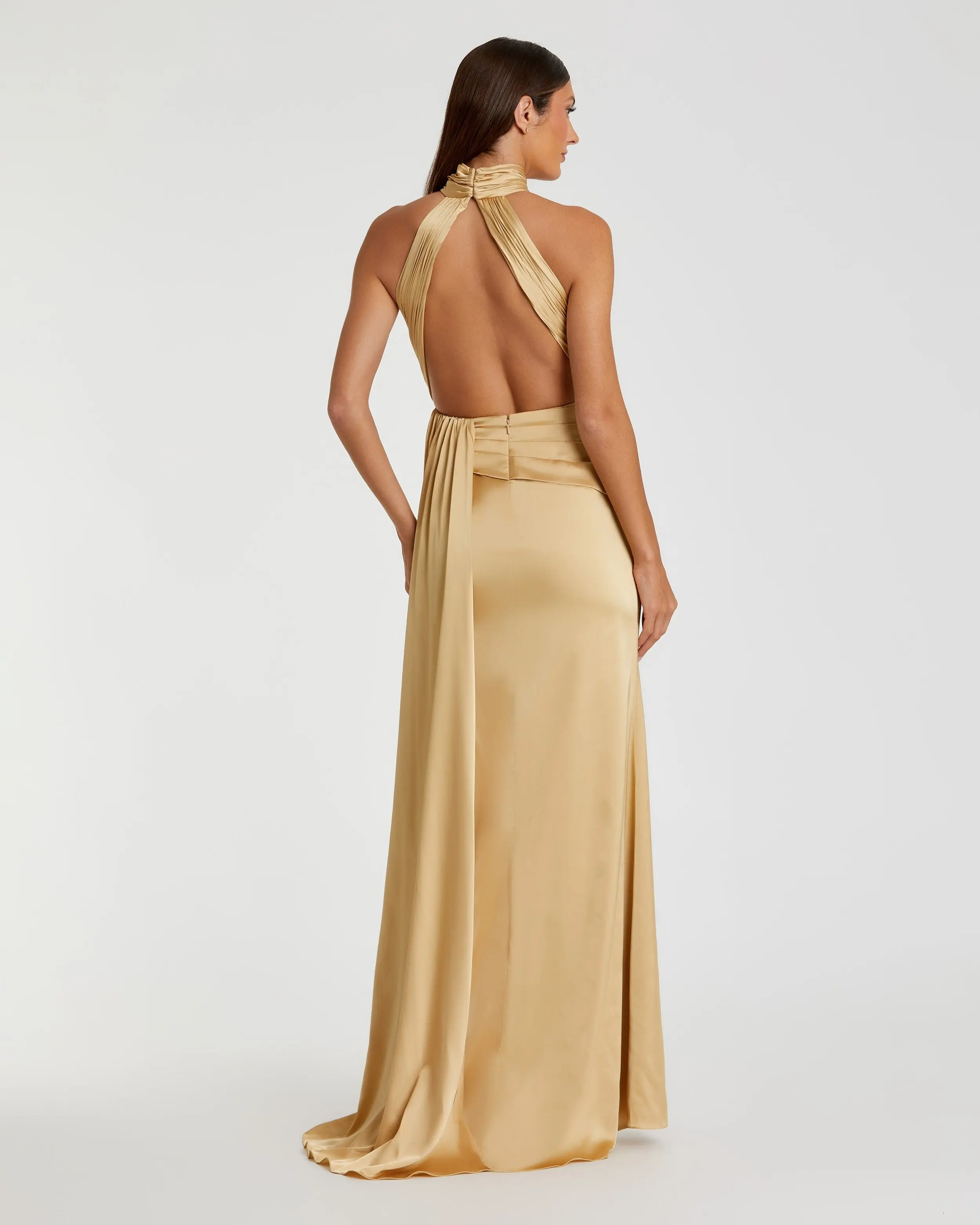 Gold Sleeveless Open Back Satin Gown - Image 2