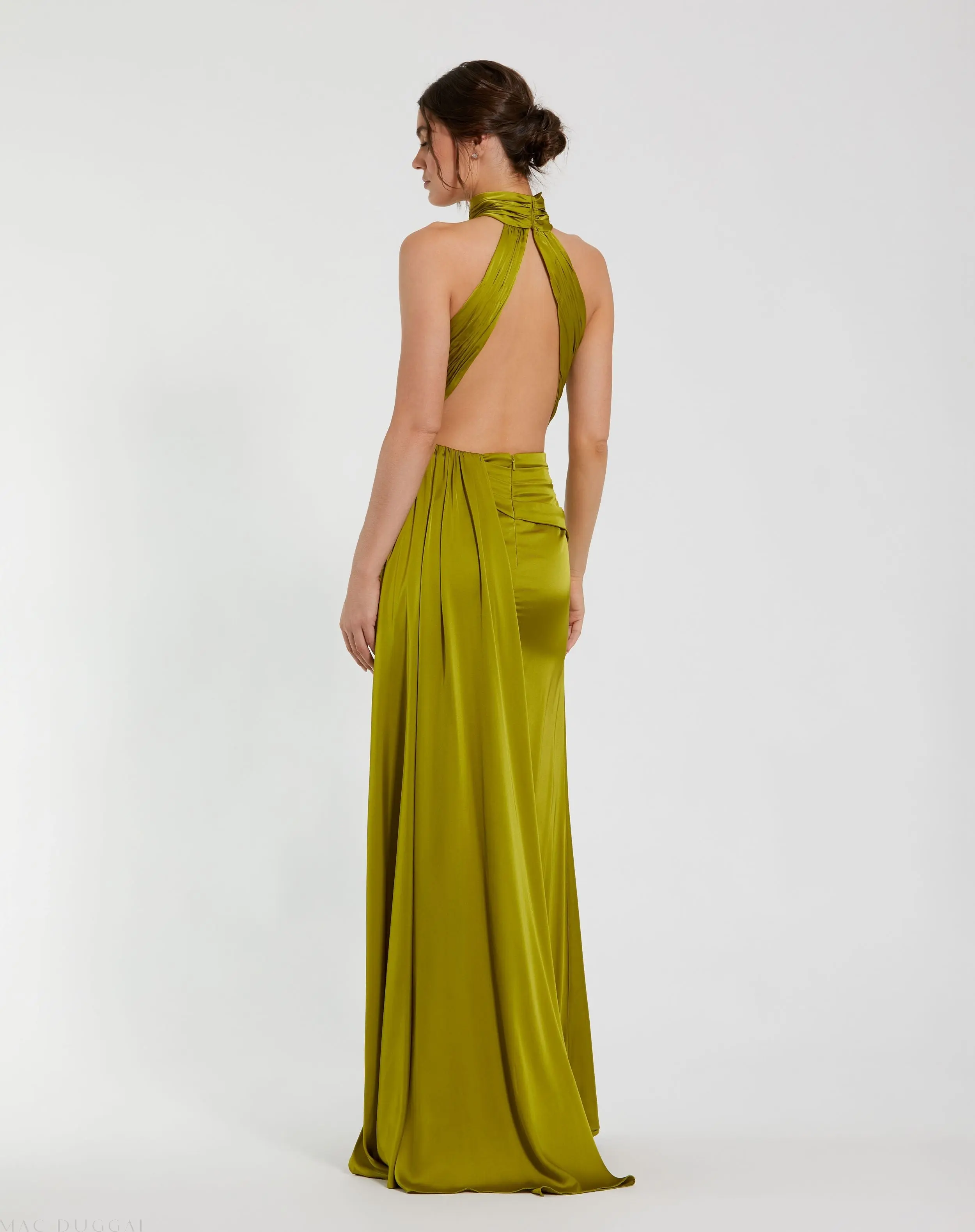 Dark Green Sleeveless Open Back Satin Gown - Image 2