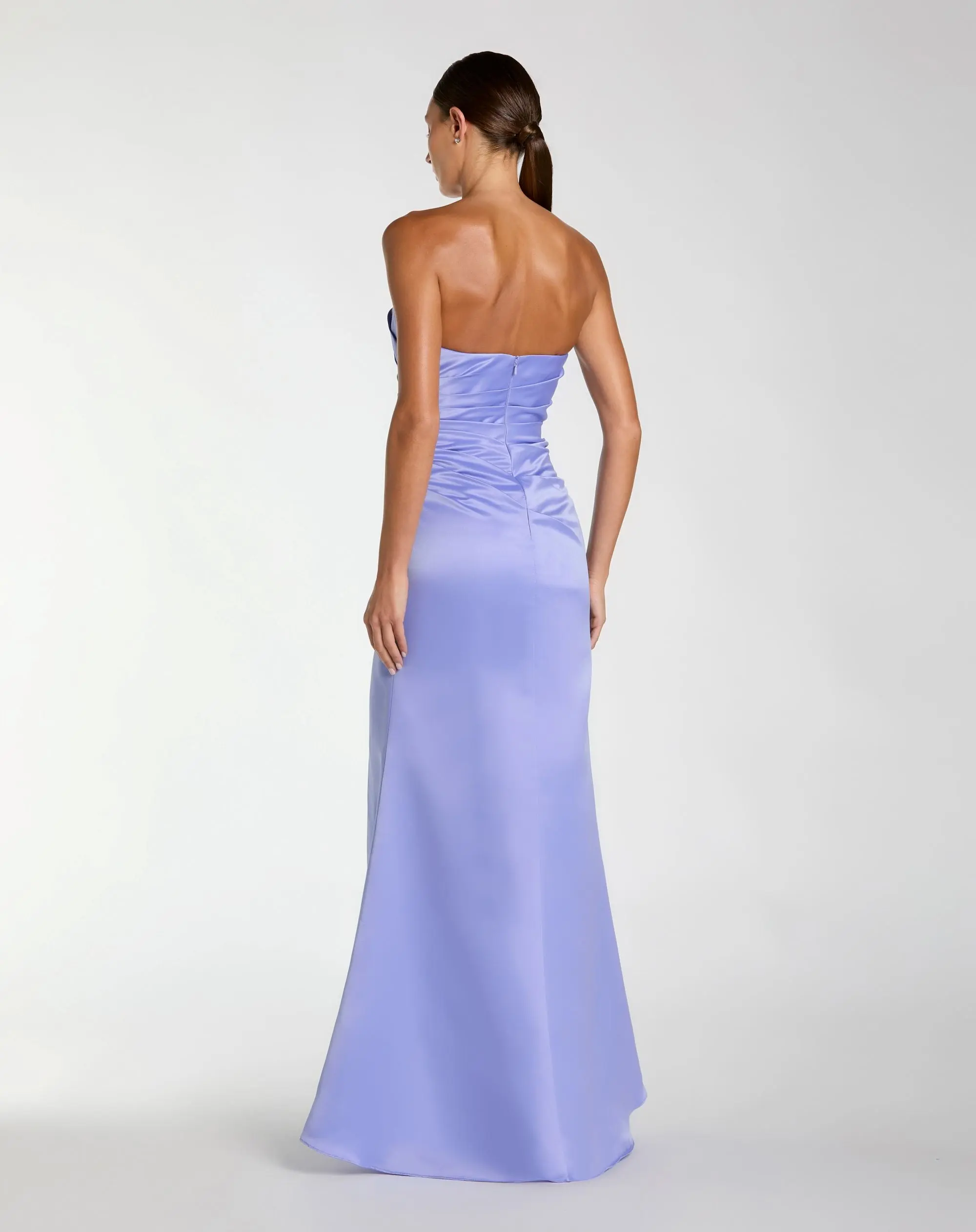Purple Strapless Satin Gown With Slit - Image 3