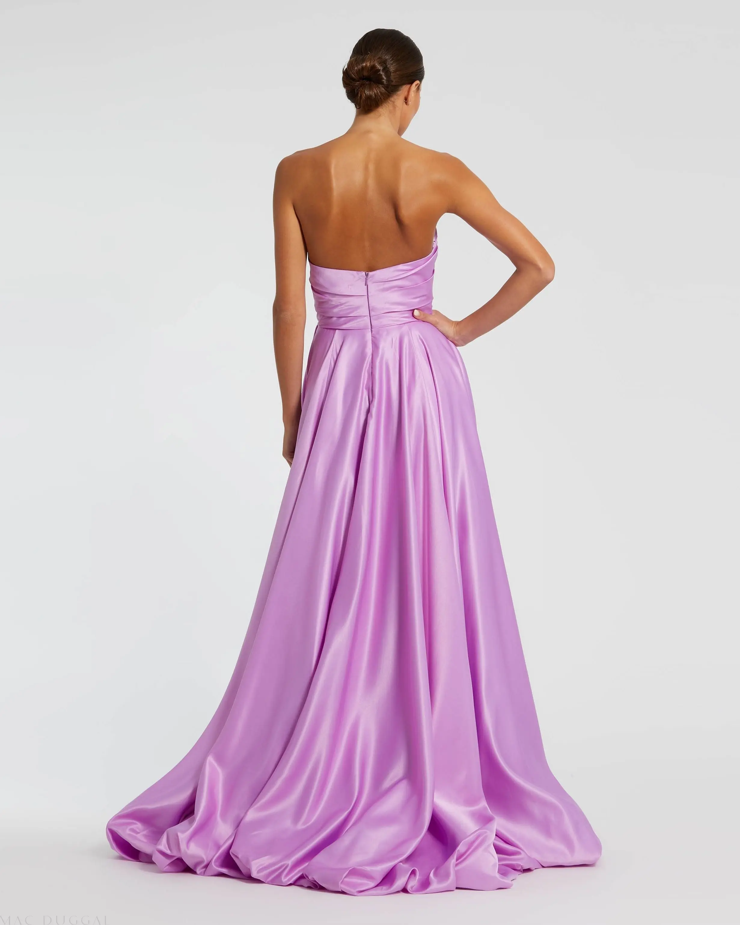 Purple Strapless Ruched High Low Gown - Image 4