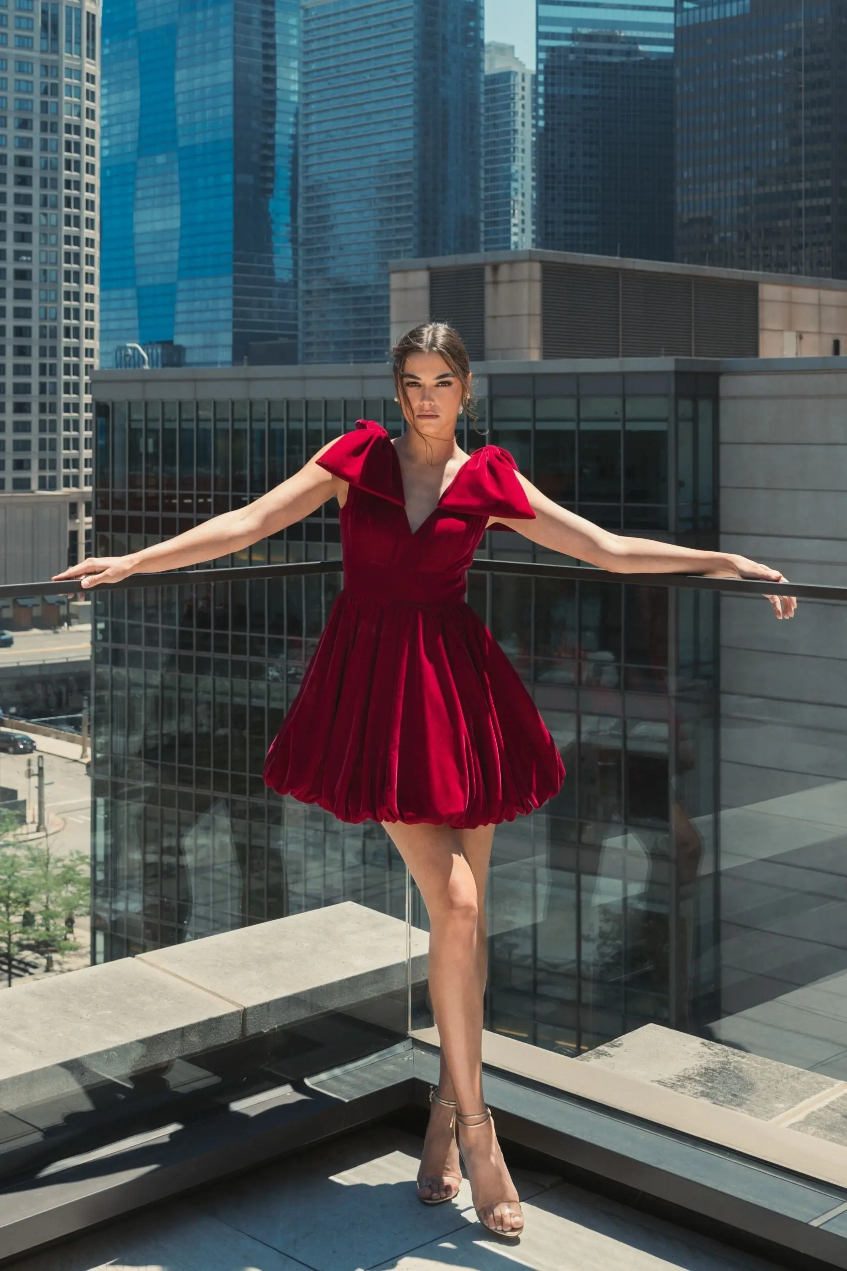 Red Velvet Shoulder Bow Bubble Mini Dress - FINAL SALE - Image 4
