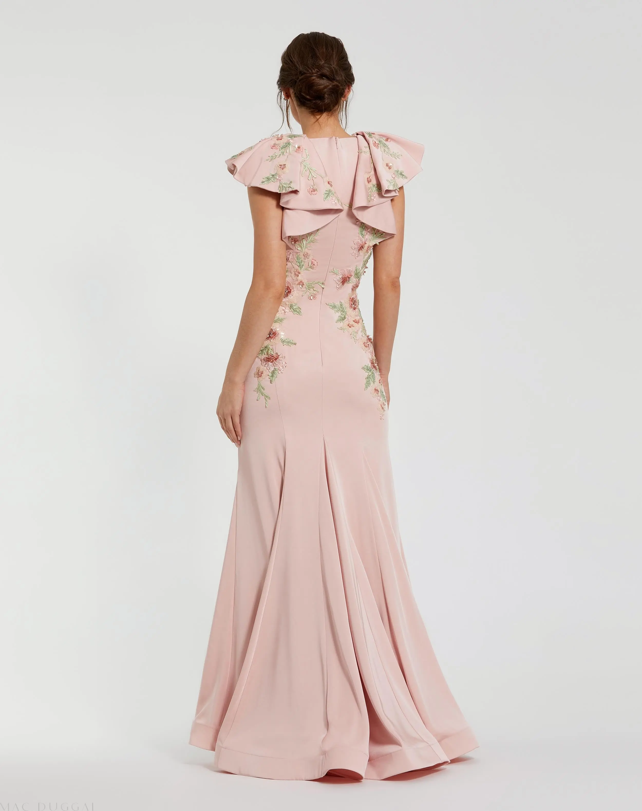 Pink Flutter Sleeve Embellished Mermaid Gown - Image 3