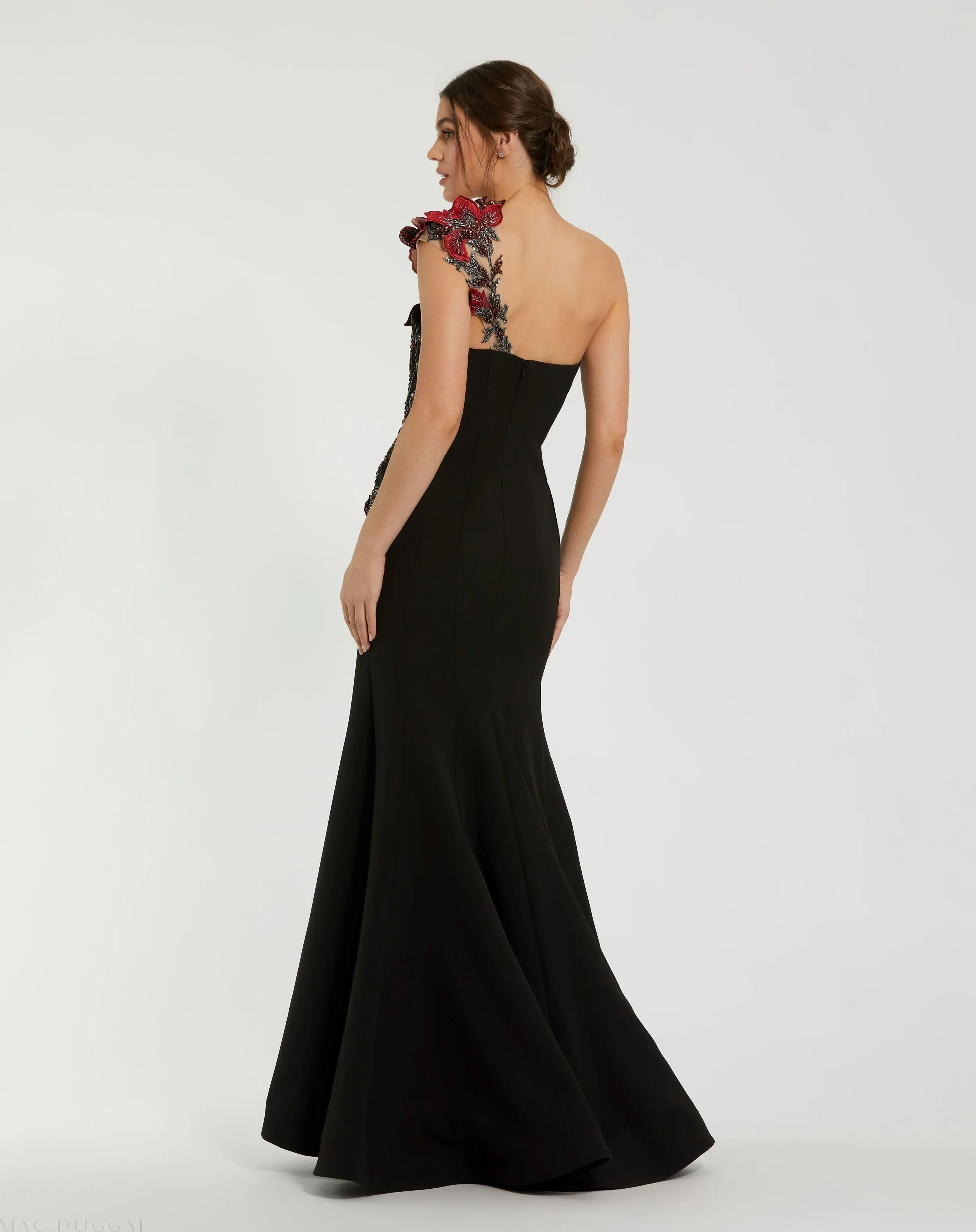 Black One Shoulder Embroidered Mermaid Gown - Image 3