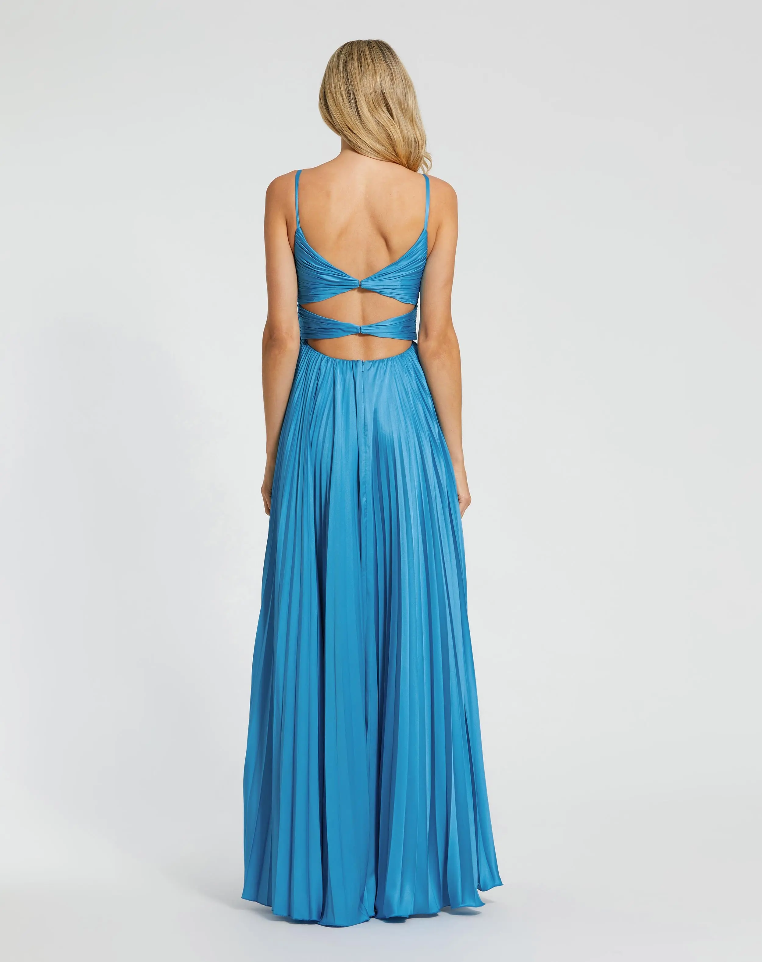 Blue Pleated High Low Gown With 3D Flower - Image 4