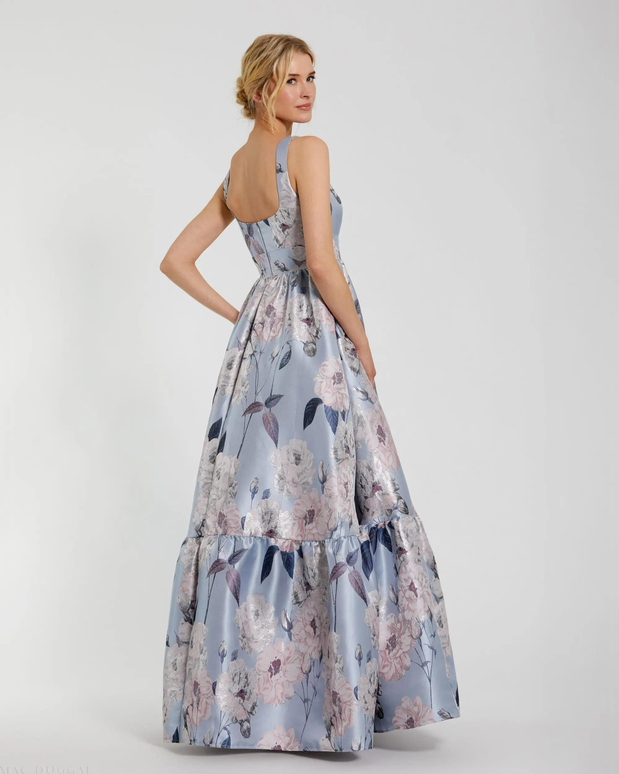 Blue Floral Printed Satin Gown with Pockets - Image 3
