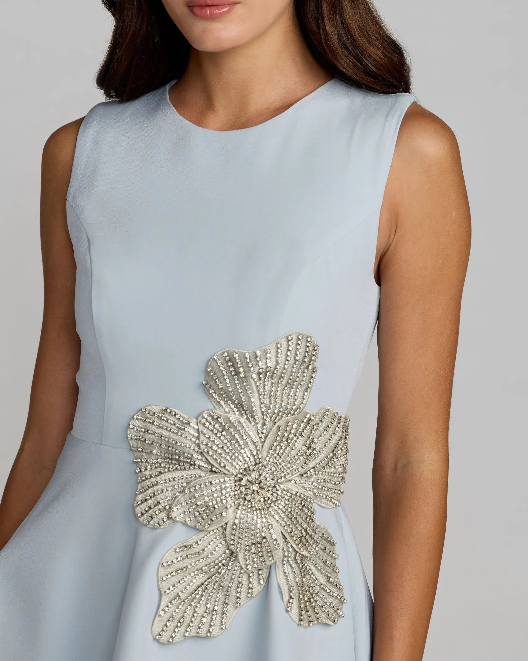 Blue Crepe Sleeveless Mini Dress With Rhinestone Flower - Image 2