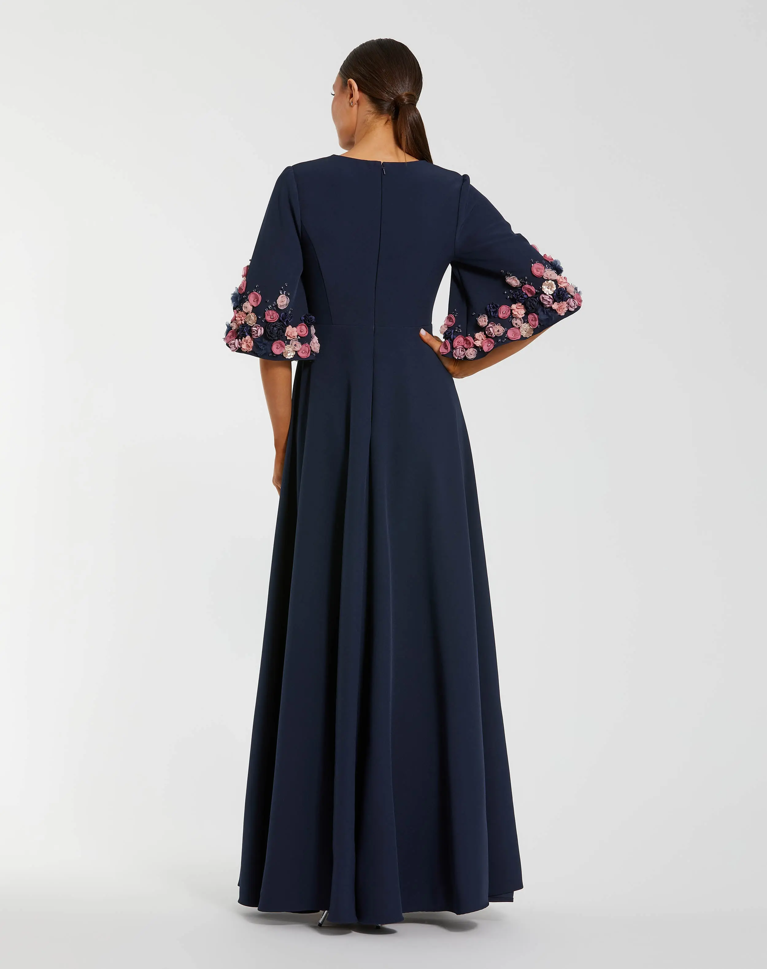 Navy Crepe 3/4 Sleeve A-line Gown With Flower Trim - Image 3