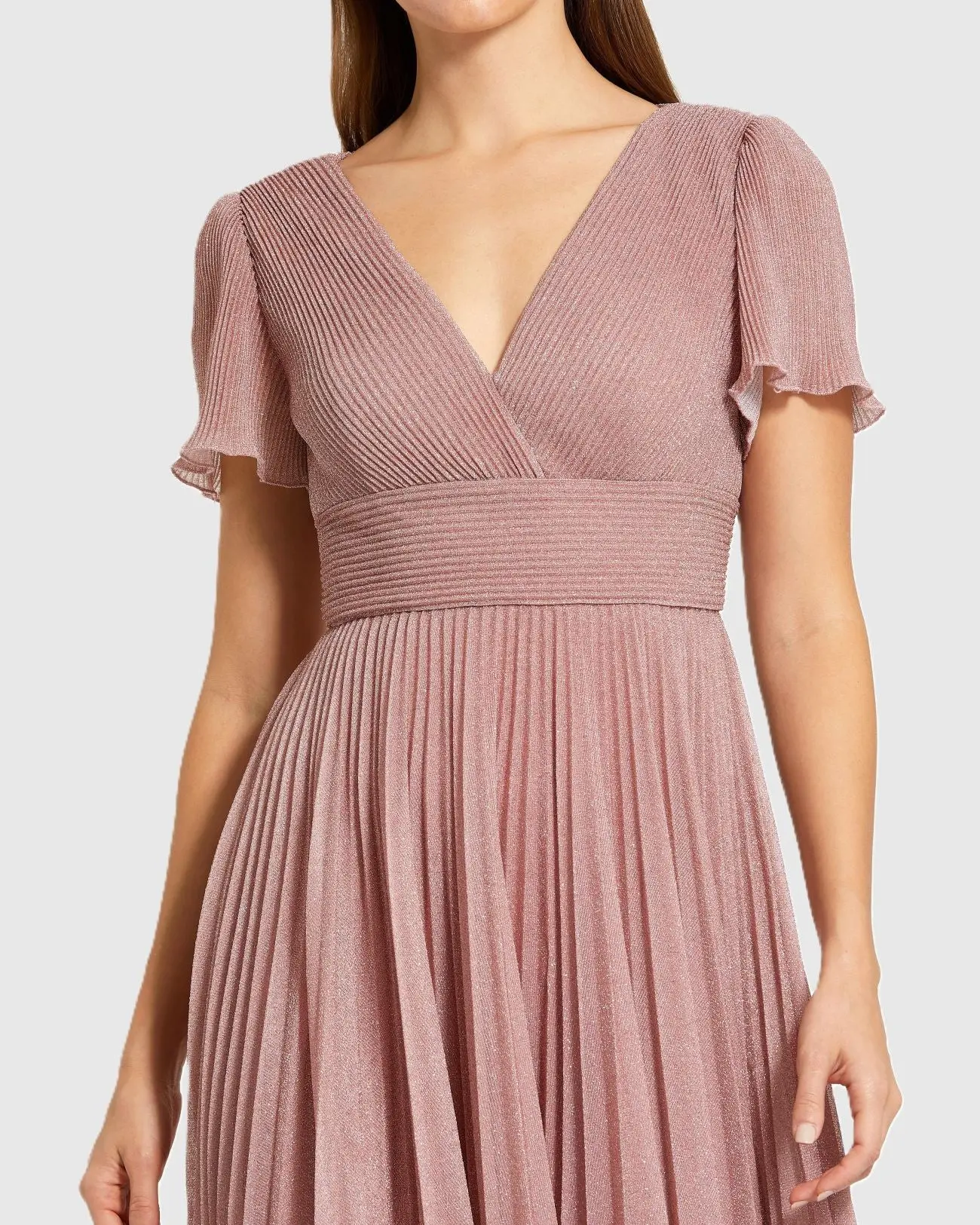 Pink Pleated Metallic Flutter Sleeve A Line Gown - Image 2