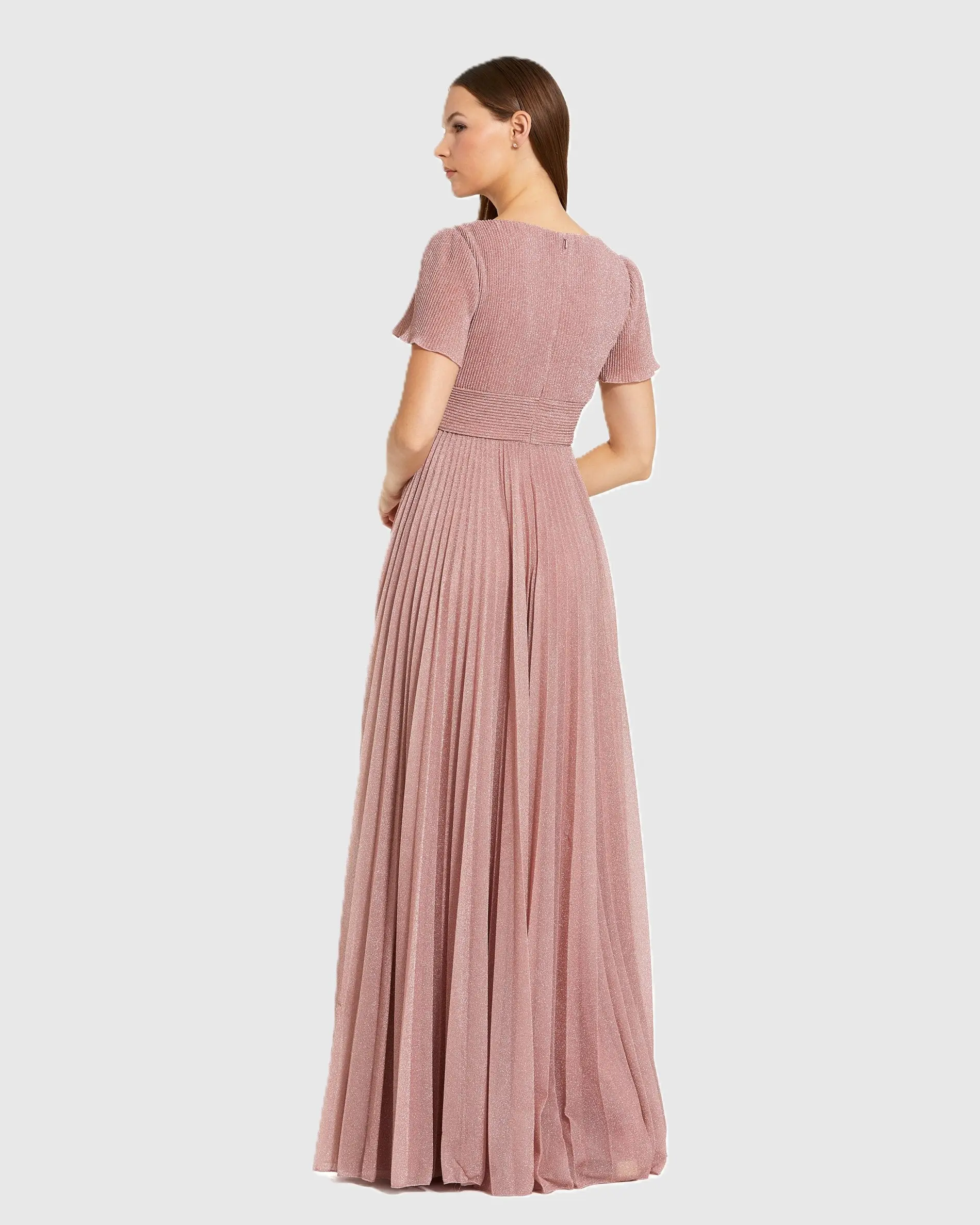 Pink Pleated Metallic Flutter Sleeve A Line Gown - Image 3