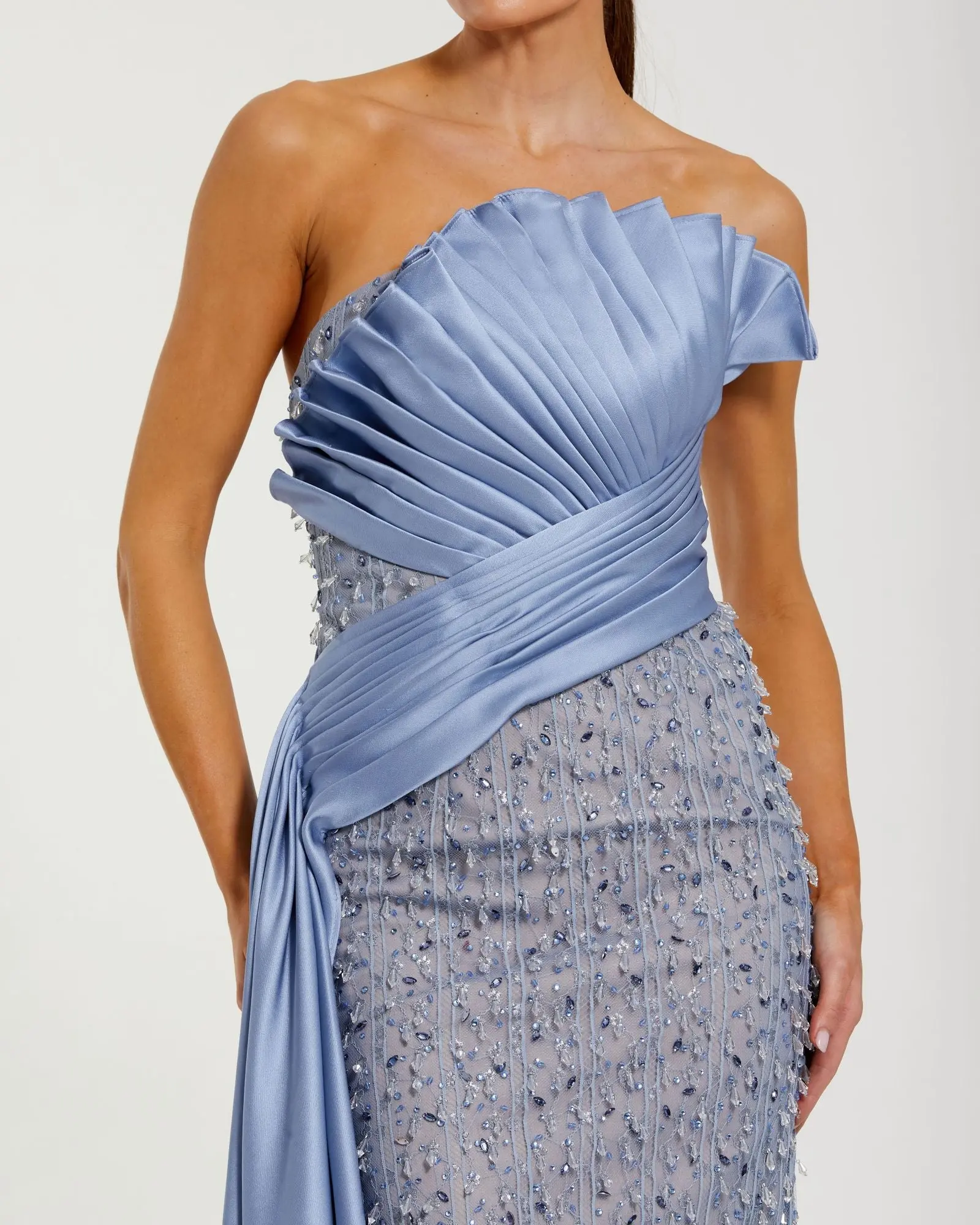 Blue Beaded Lace Column Gown with Satin Sash - Image 2