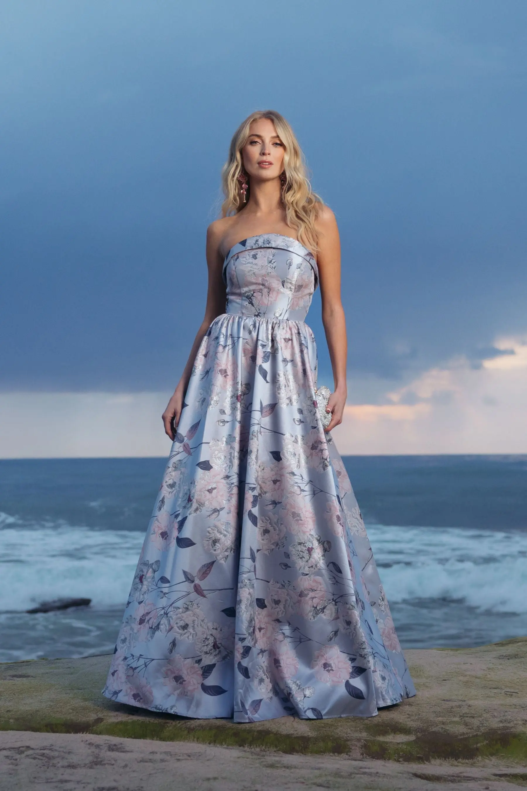 Blue Floral Brocade Strapless Ball Gown - Image 4