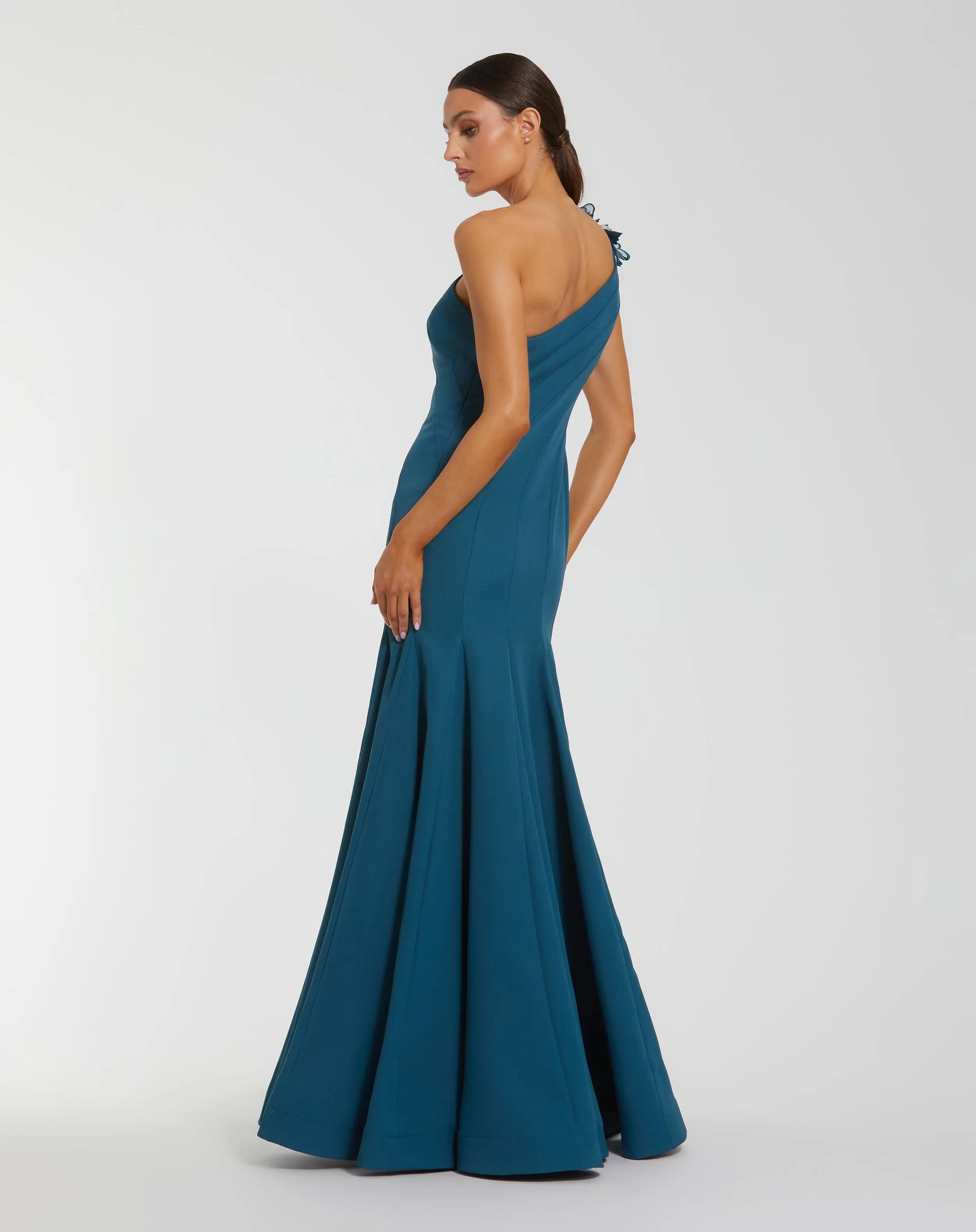 Blue One Shoulder Mermaid Gown with 3D Flowers - Image 3