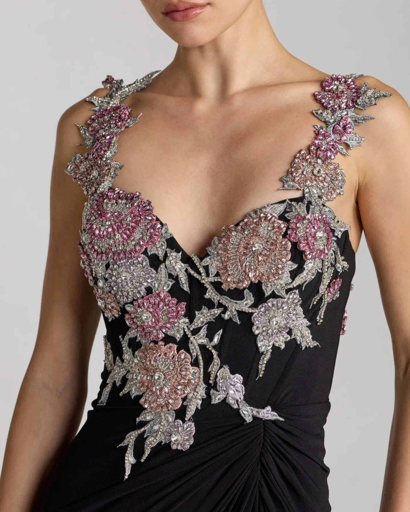 Black Sweetheart Jersey Gown With Beaded Flowers - Image 2