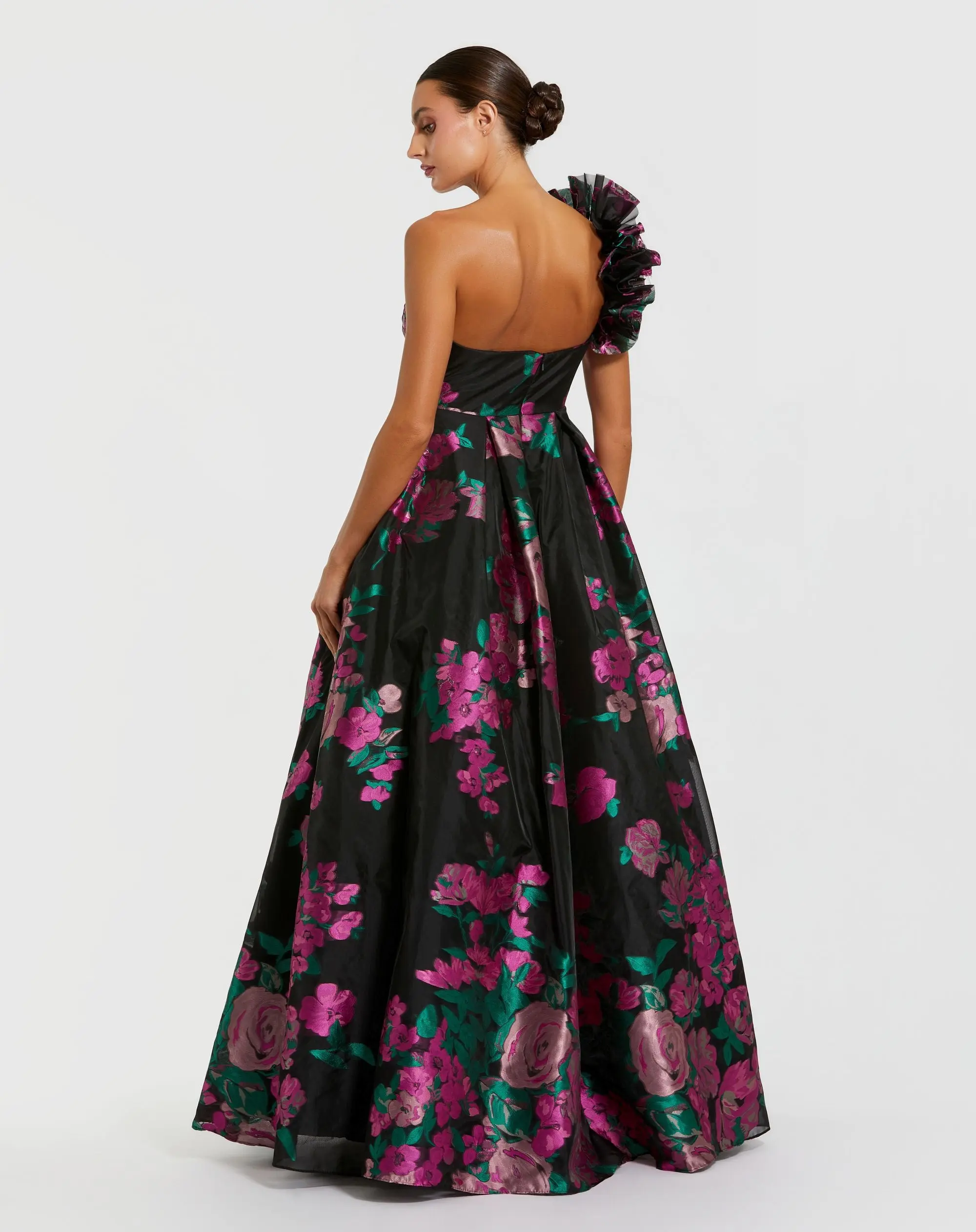 Black One Shoulder Floral Brocade Ball Gown - Image 3
