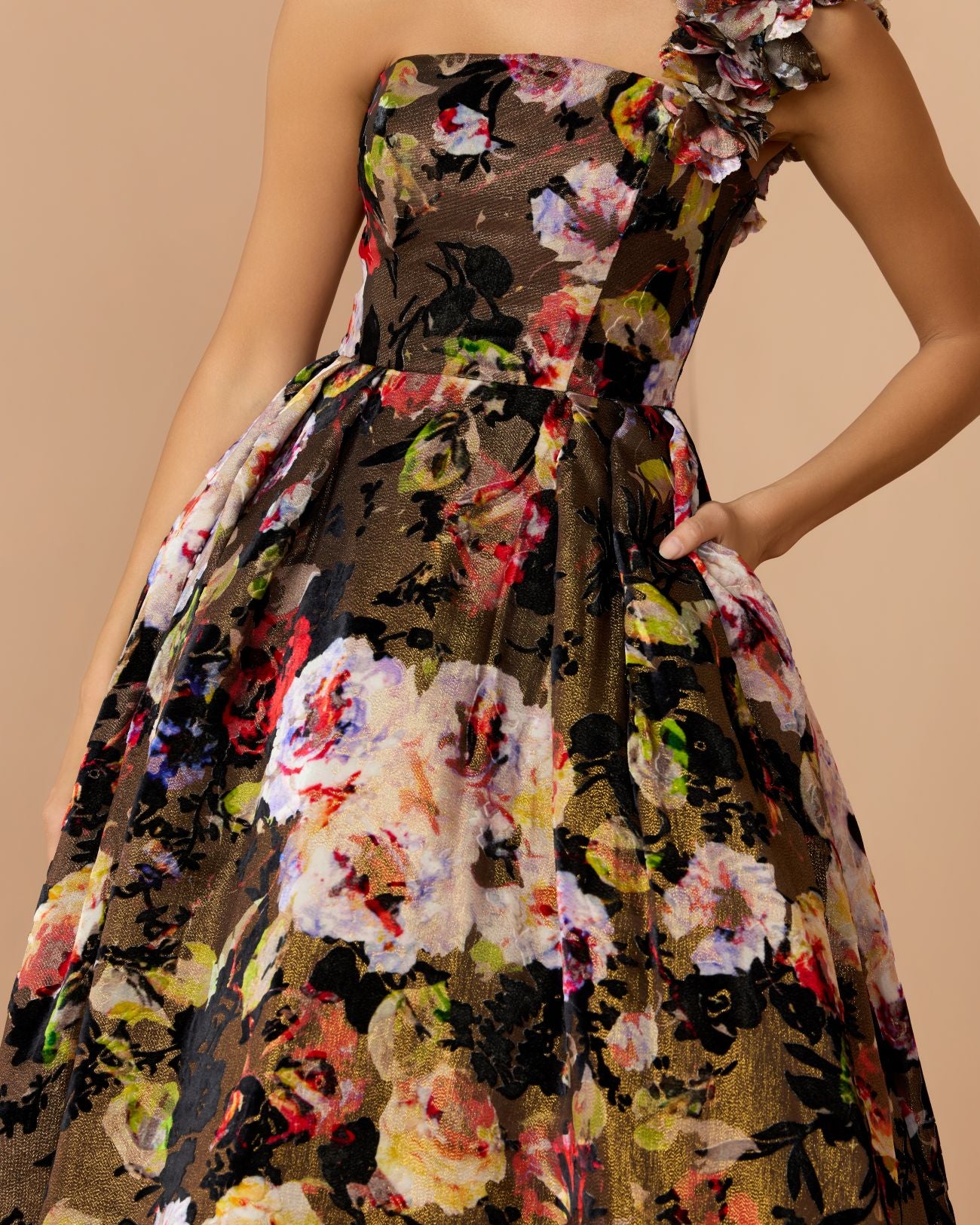 Multicolor Floral Velvet Ball Gown With Pockets - Image 3