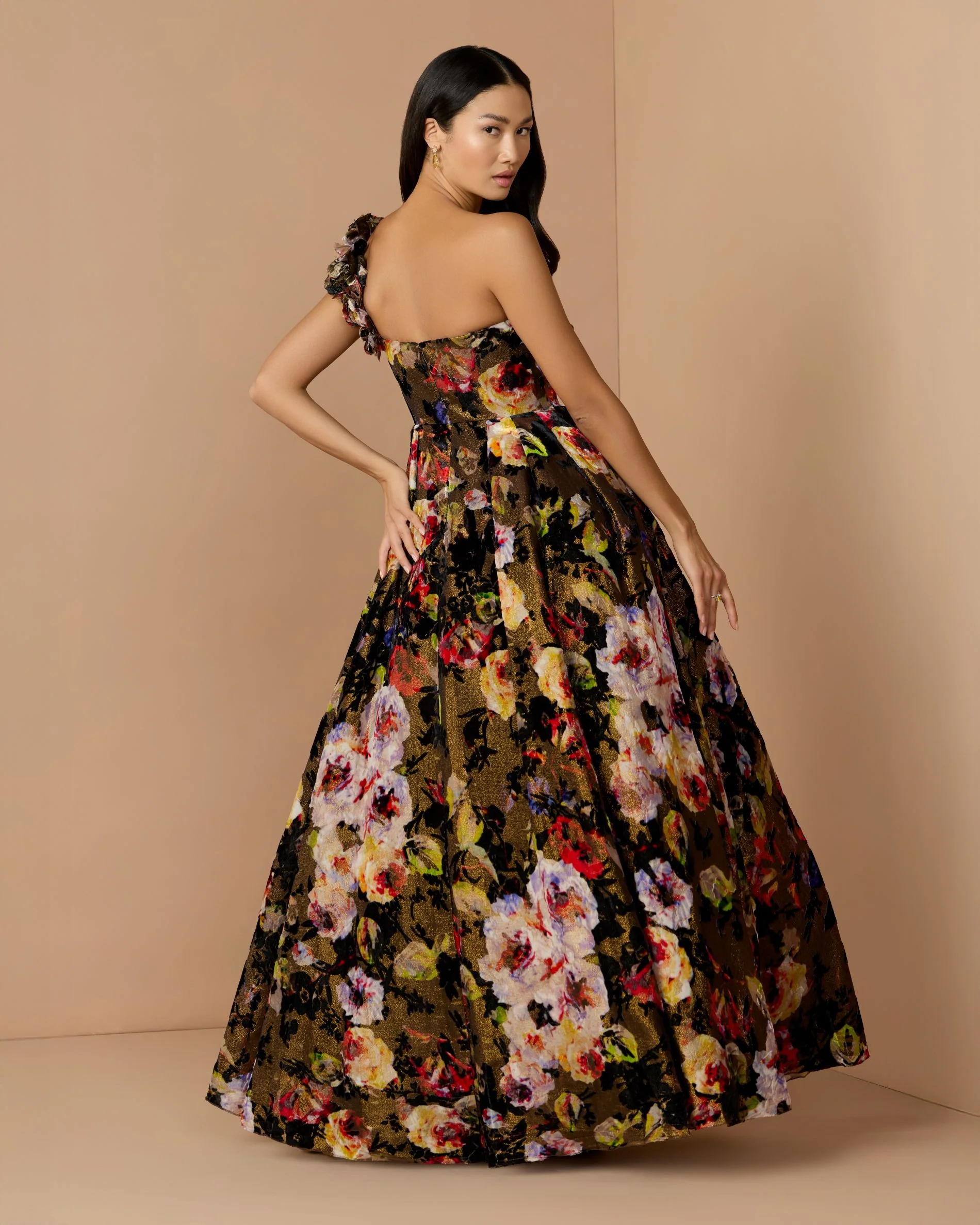 Multicolor Floral Velvet Ball Gown With Pockets - Image 4