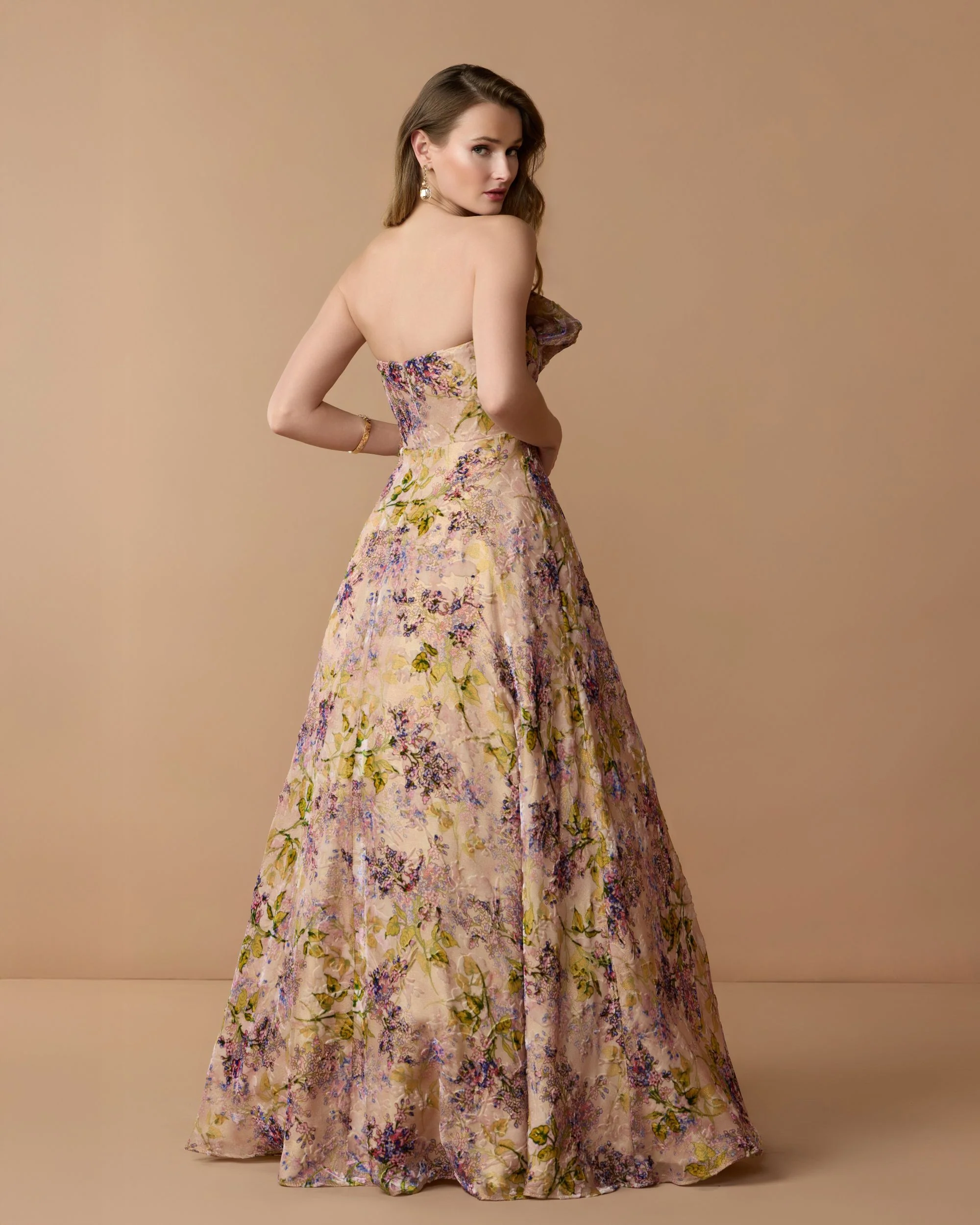 Pink Strapless Floral Ball Gown With Ruffle Detail - Image 3