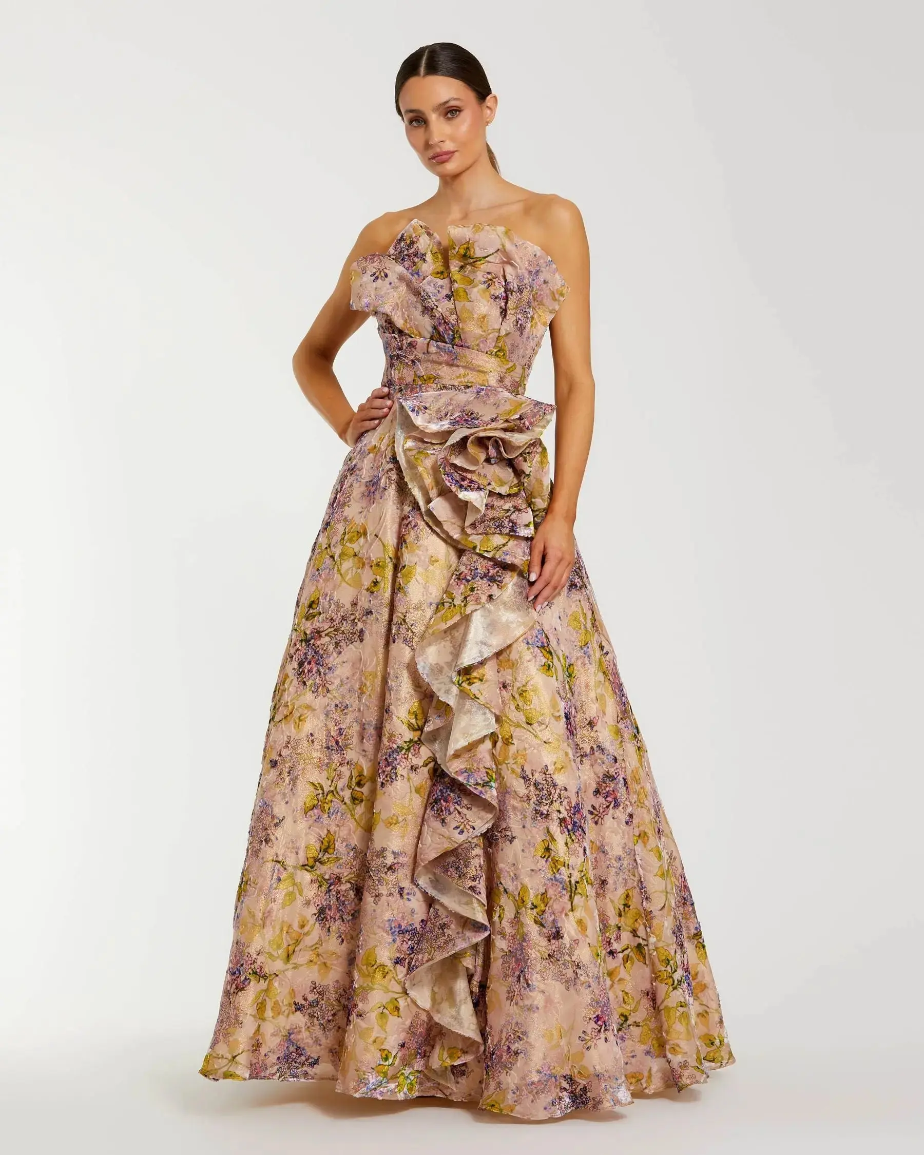 Pink Strapless Floral Ball Gown With Ruffle Detail - Image 5