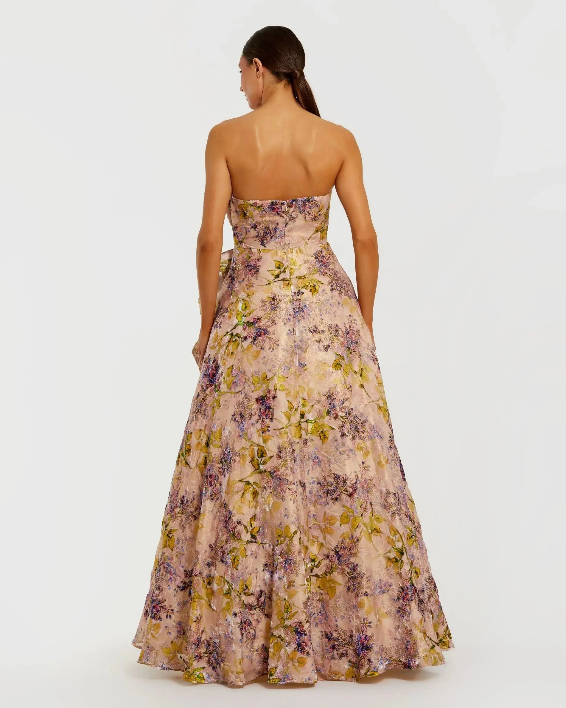 Pink Strapless Floral Ball Gown With Ruffle Detail - Image 7