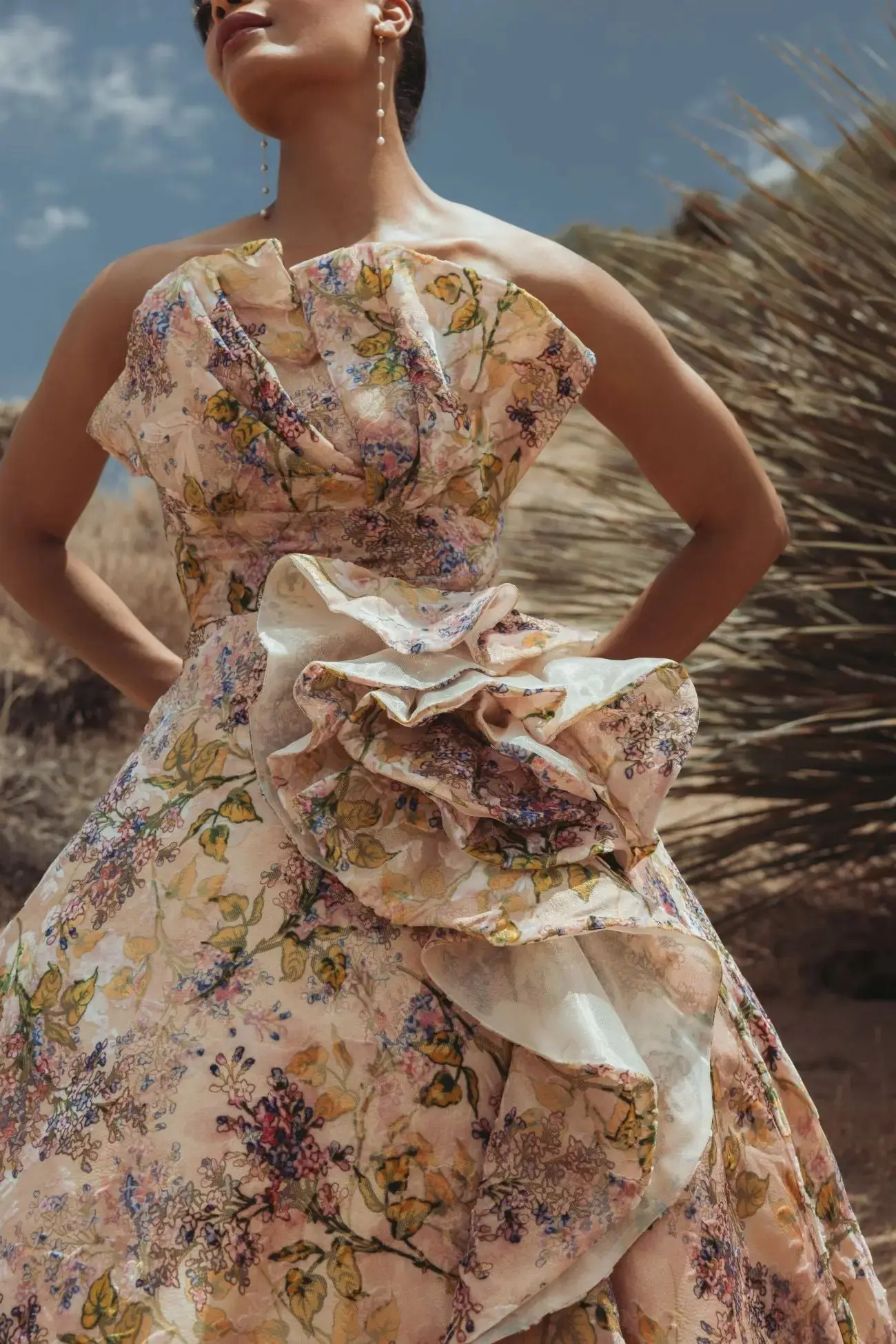 Pink Strapless Floral Ball Gown With Ruffle Detail - Image 9